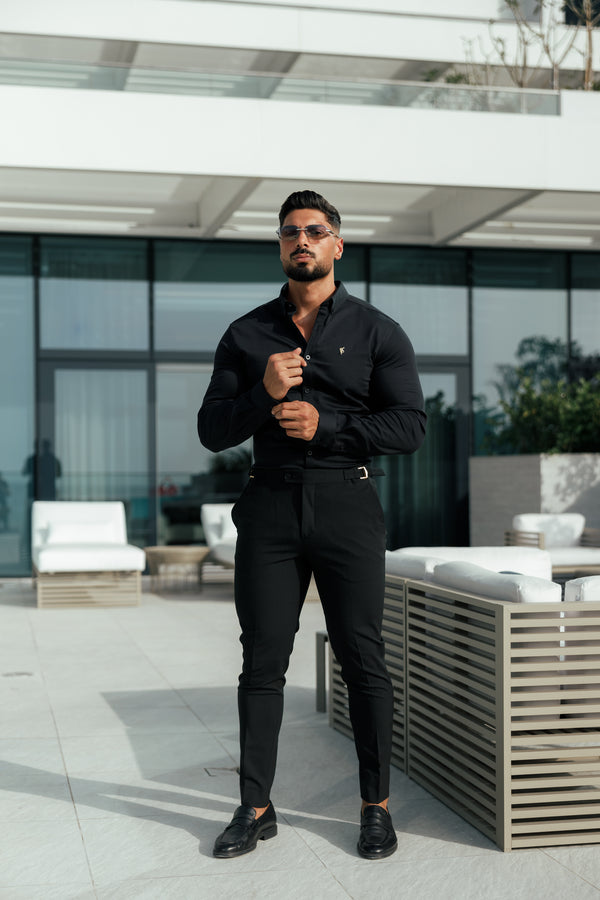 Father Sons Slim Formal Black Stretch Pants With Gold Waist Adjusters - FST018