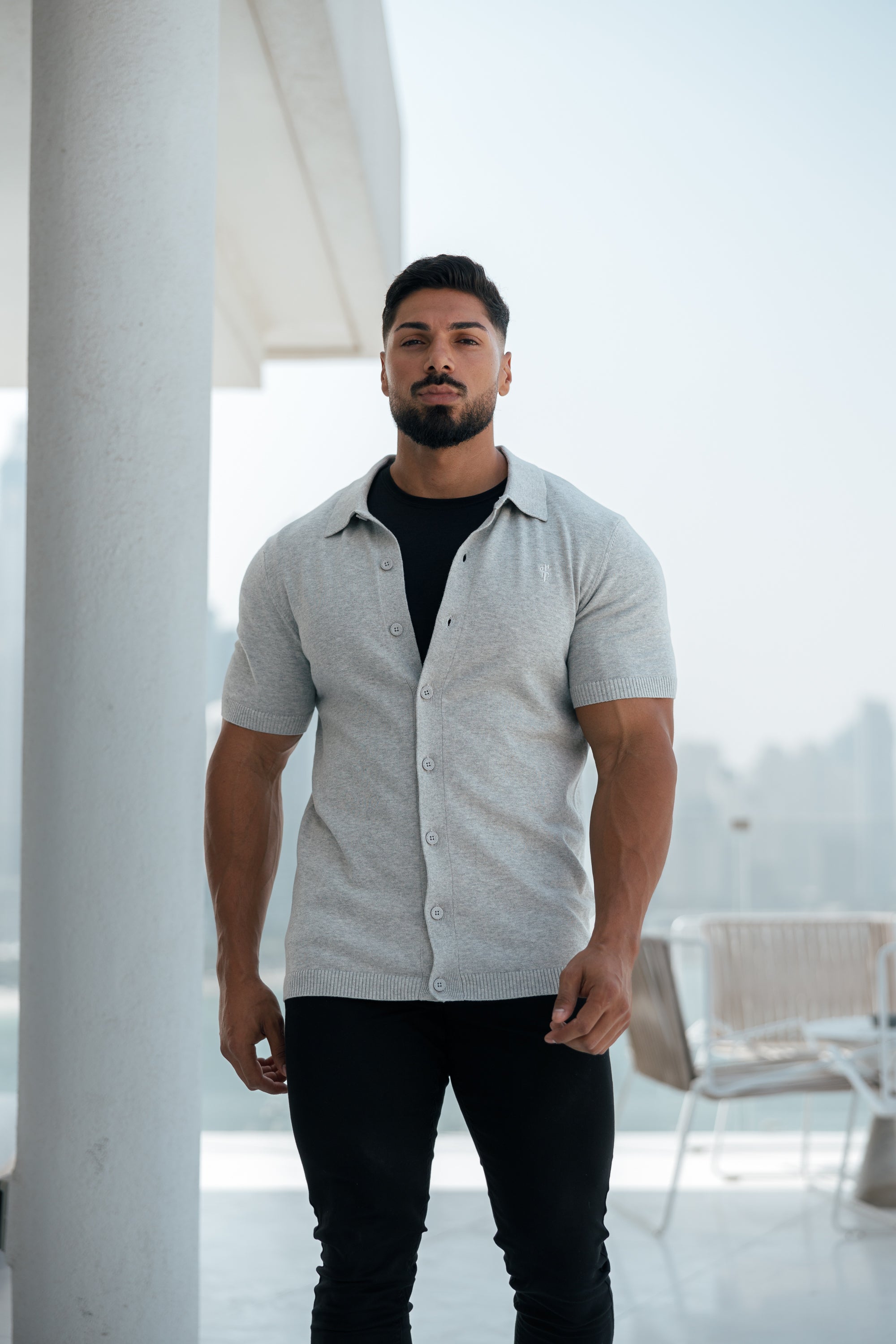 Classic Plain Light Grey Knitted Button Through Polo Short Sleeve - FSN102