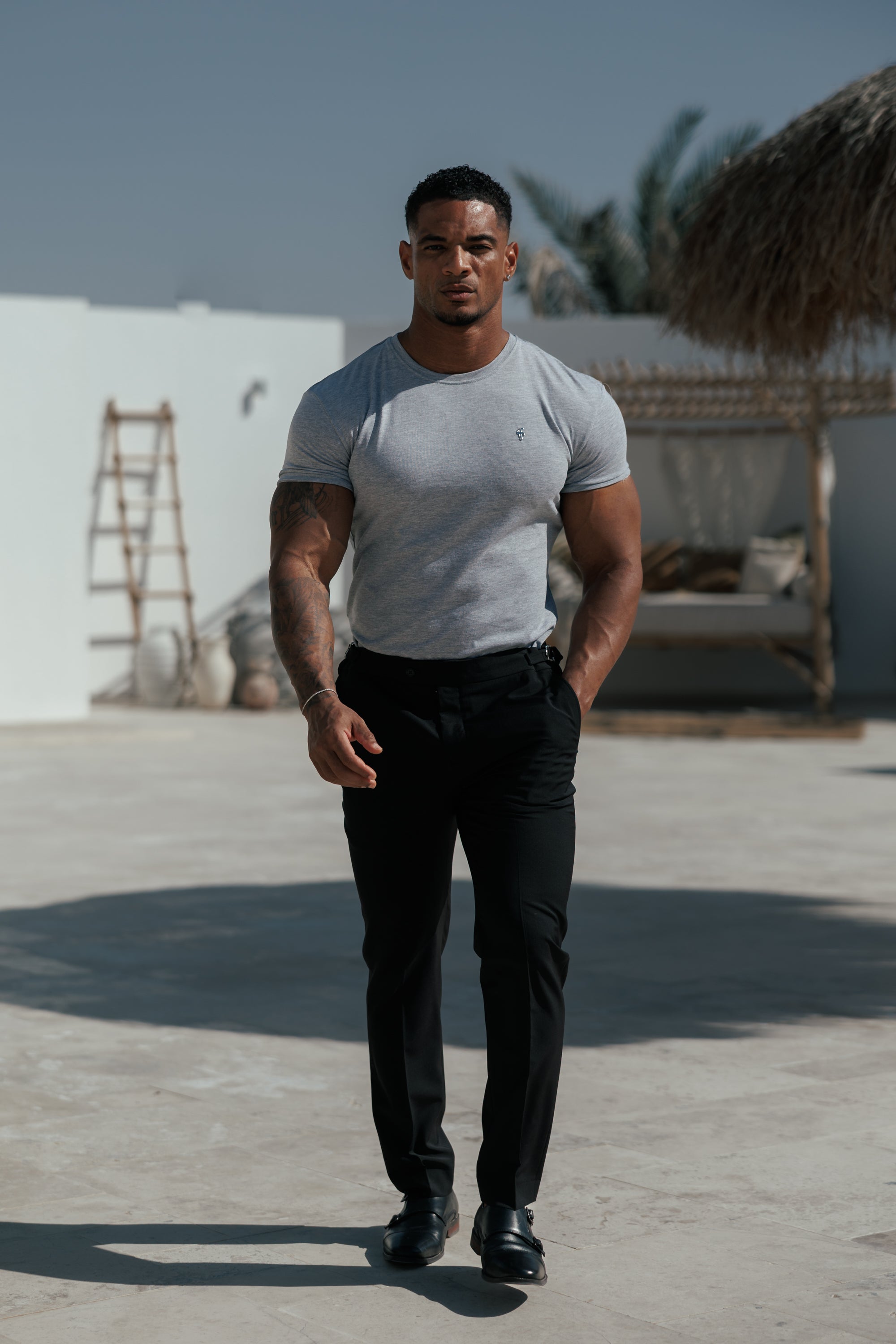 Light Grey Crew Neck Tshirt with Silver Metal Emblem Decal - FSH1452