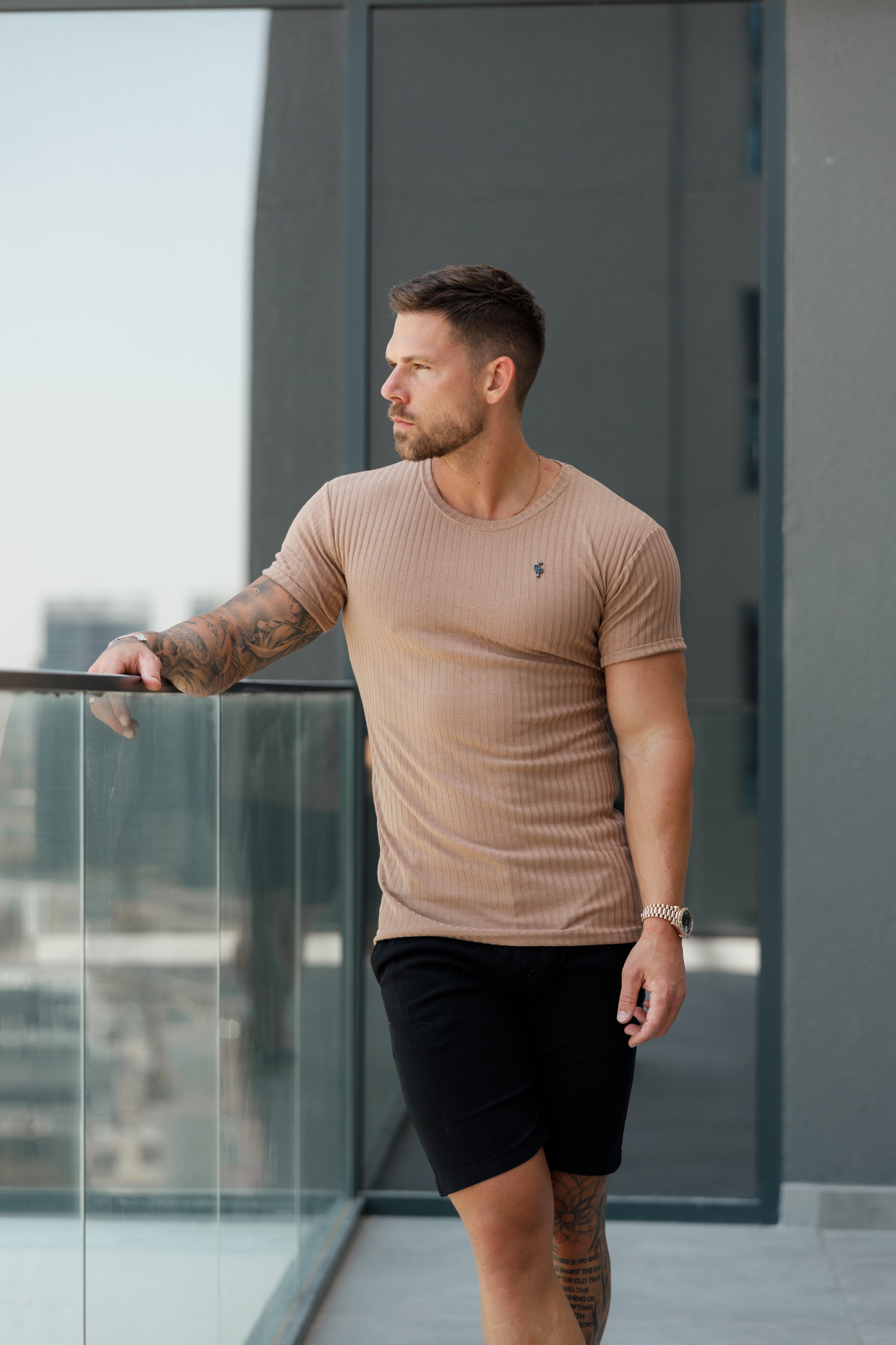Classic Coffee / Black Ribbed Knit Super Slim Short Sleeve Crew T-Shirt - FSH1090