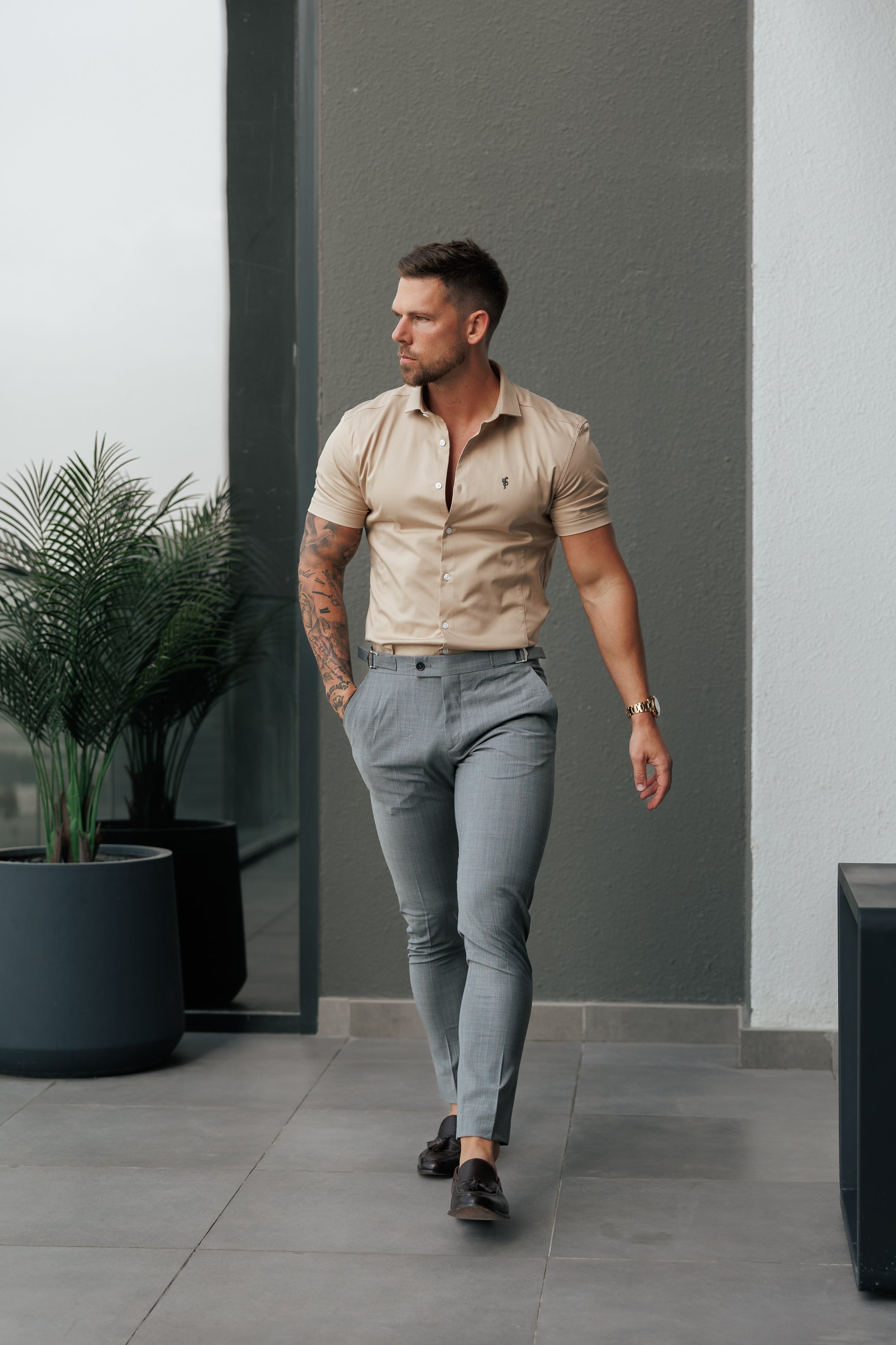 Super Slim Stretch Vintage Beige Side Panel Shirt SS - FS1138