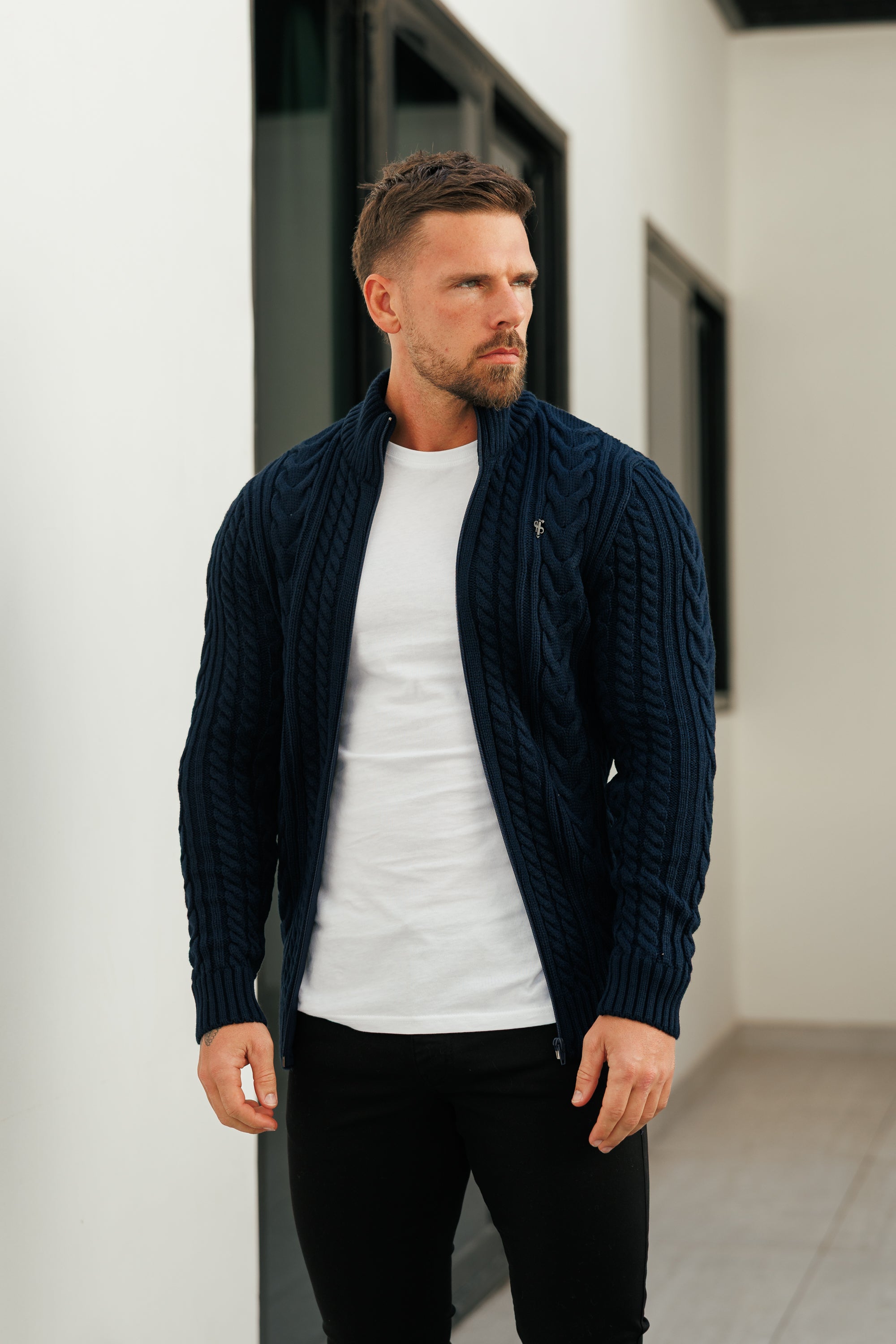 Funnel Neck Full Zip Cardigan Dark Navy -  FSJ146