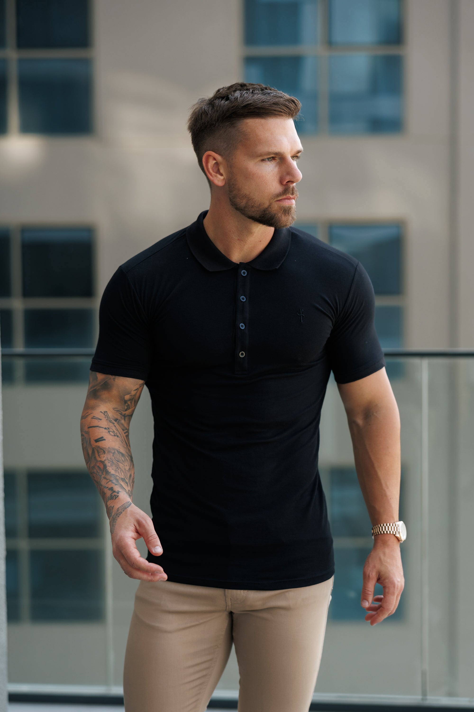 Classic Black Polo Shirt with Tonal Button and Embroidery - FSH824