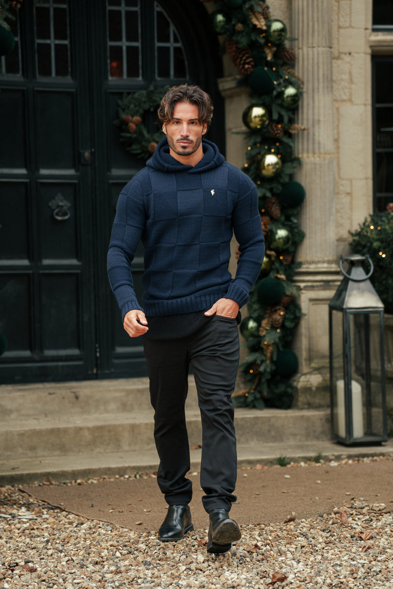 Father Sons Navy Checkerboard Knitted Hoodie - FSJ138 (PRE ORDER 11TH DECEMBER)