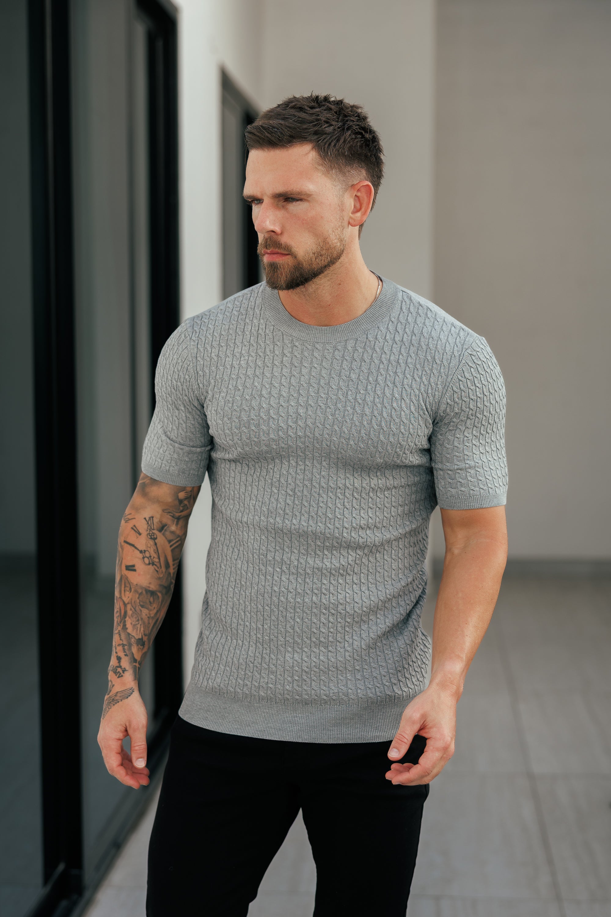 Front Chain Knit Crew T-Shirt Light Charcoal Short Sleeve  -  FSR058