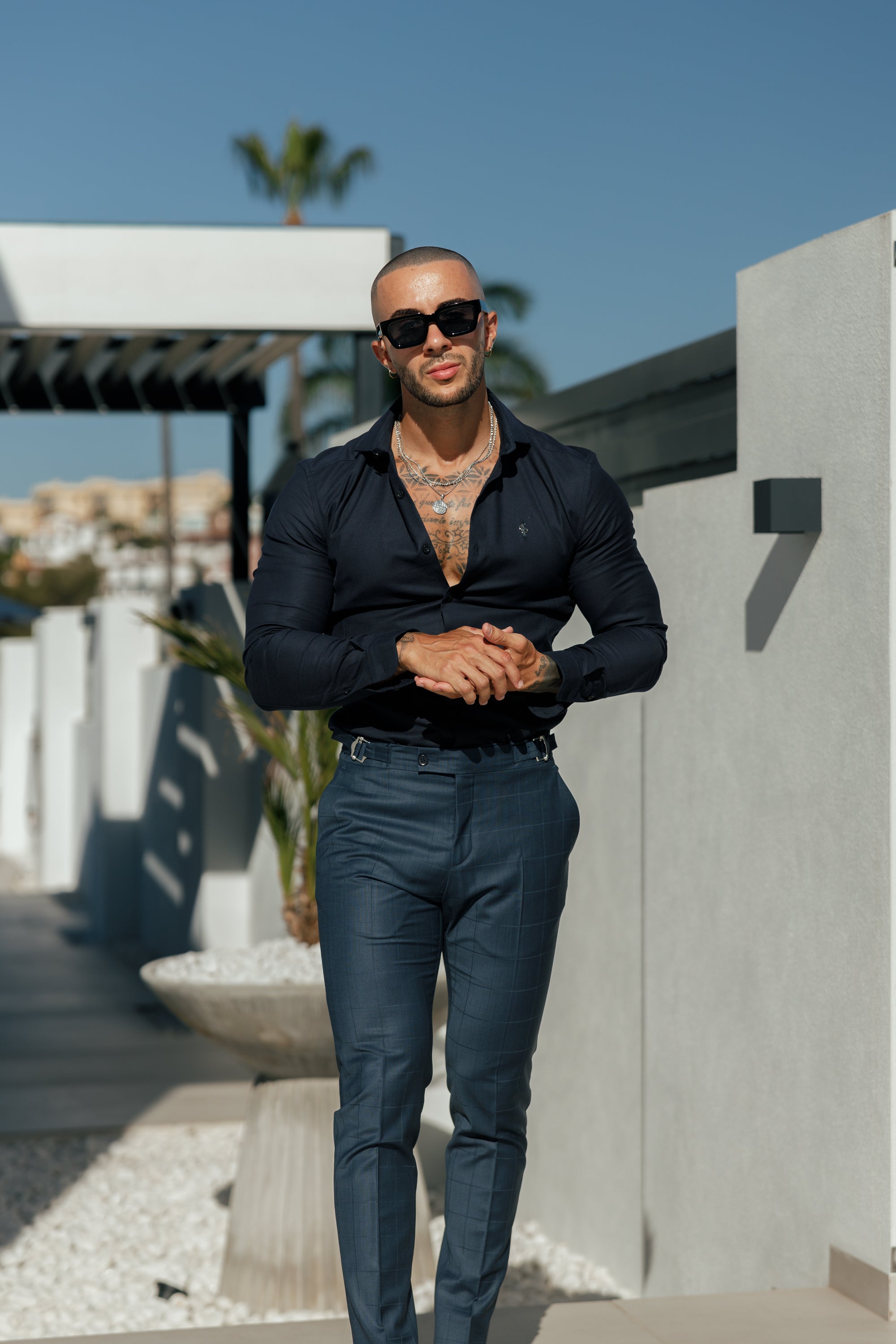 Father Sons Slim Formal Navy Self Check Stretch Pants with Side Adjusters - FST030