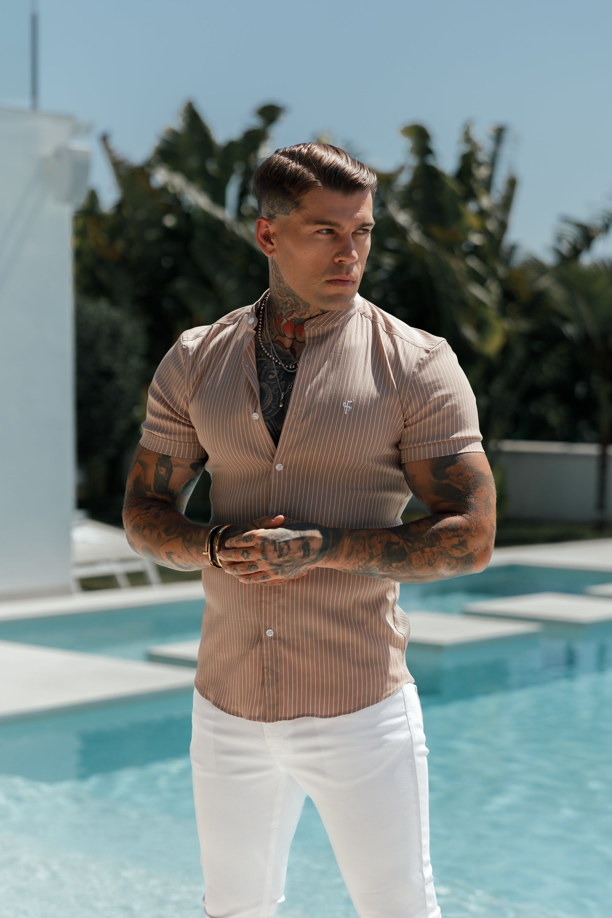 Super Slim Stretch Taupe Printed Pinstripe Short Sleeve with Grandad Collar - FS1058