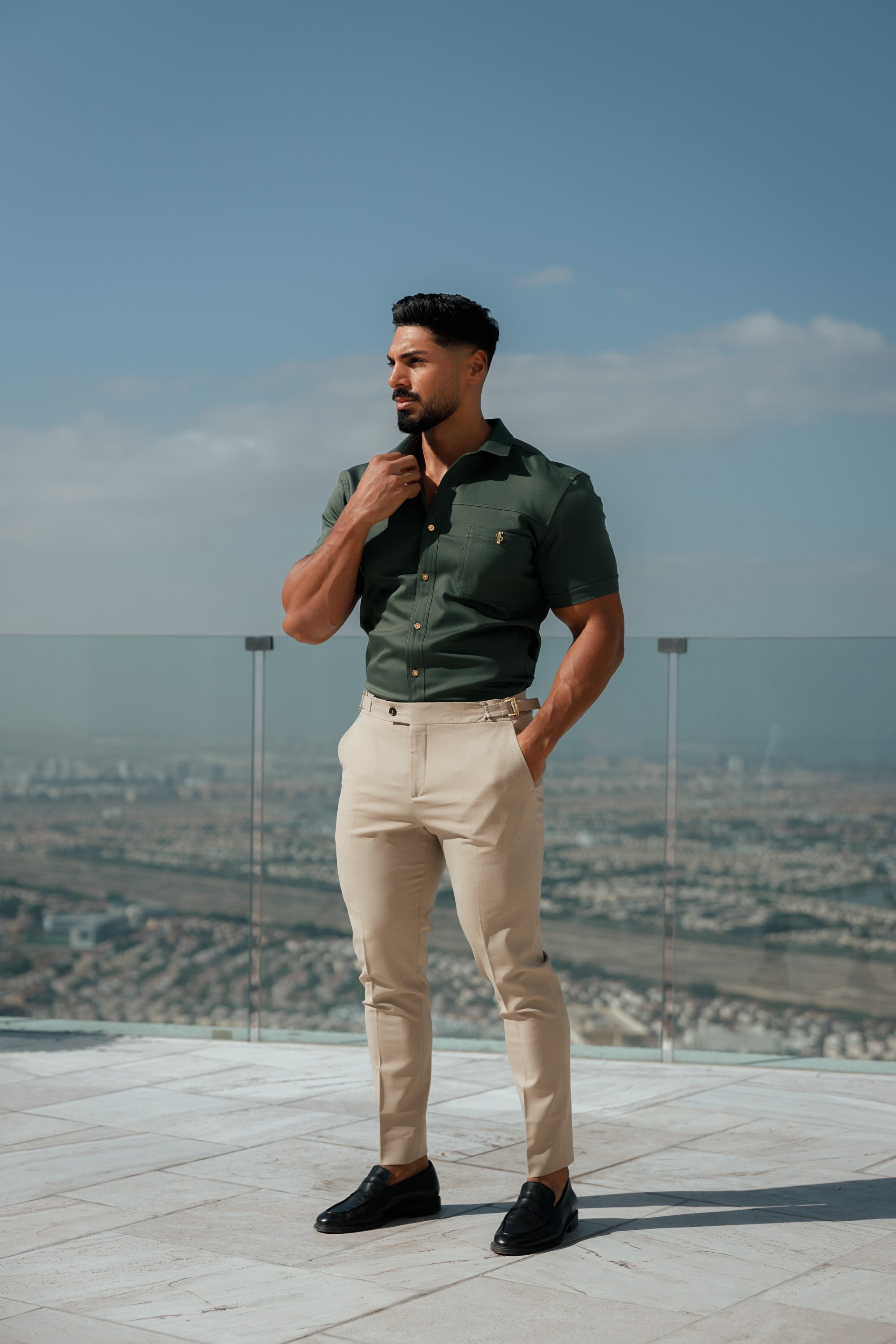 Father Sons Slim Formal Beige Stretch Pants With Gold Waist Adjusters - FST017