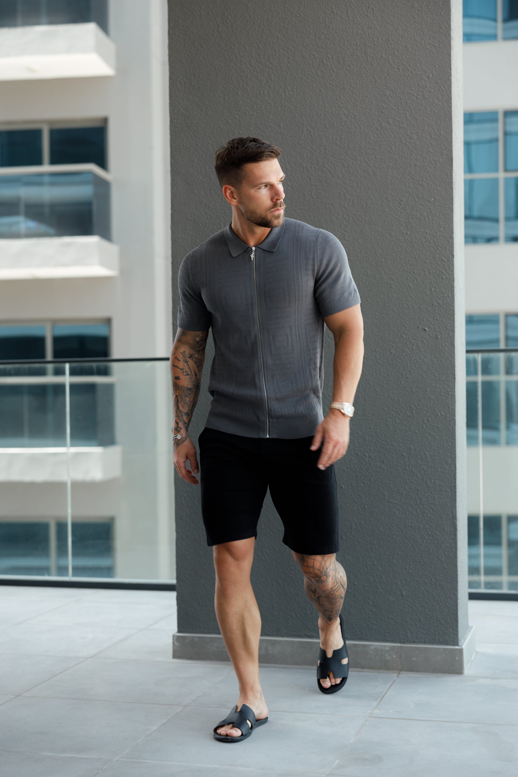 Classic Knitted Geo Design With Full Length Zip Gunmetal Short Sleeve - FSN150
