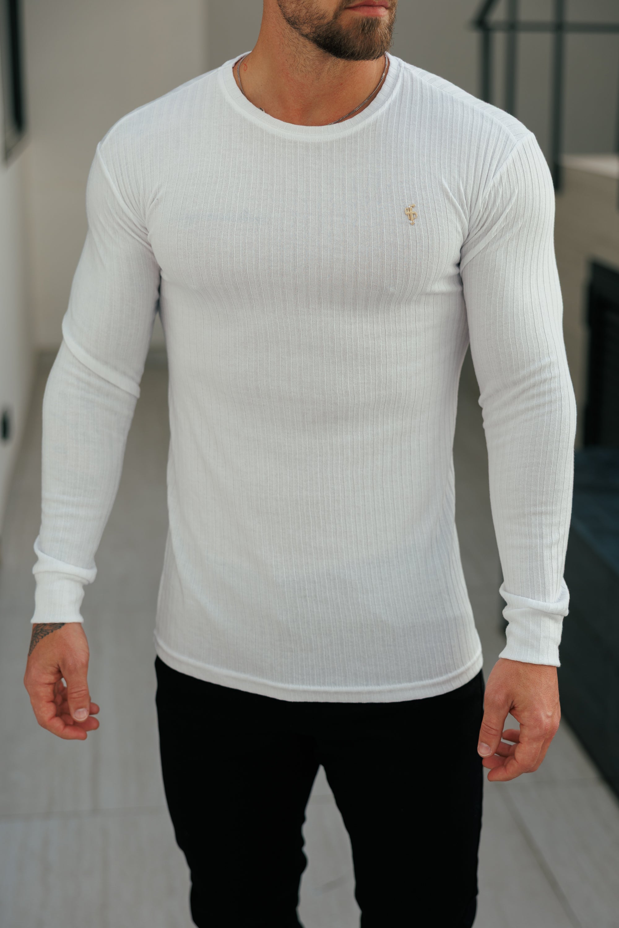 Super Slim White / Gold Ribbed Knit Super Slim Crew - FSH499