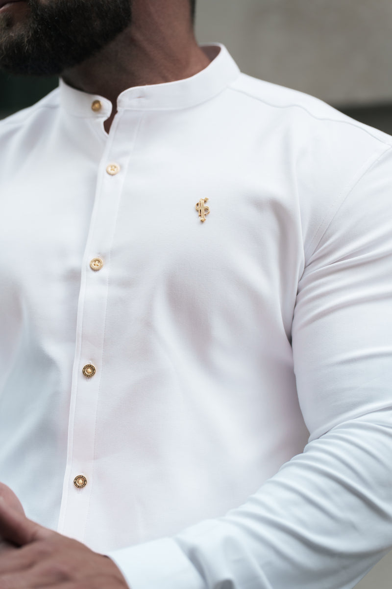Father Sons Super Slim Scuba White / Gold Long Sleeve Stretch with Grandad Collar - FS1193