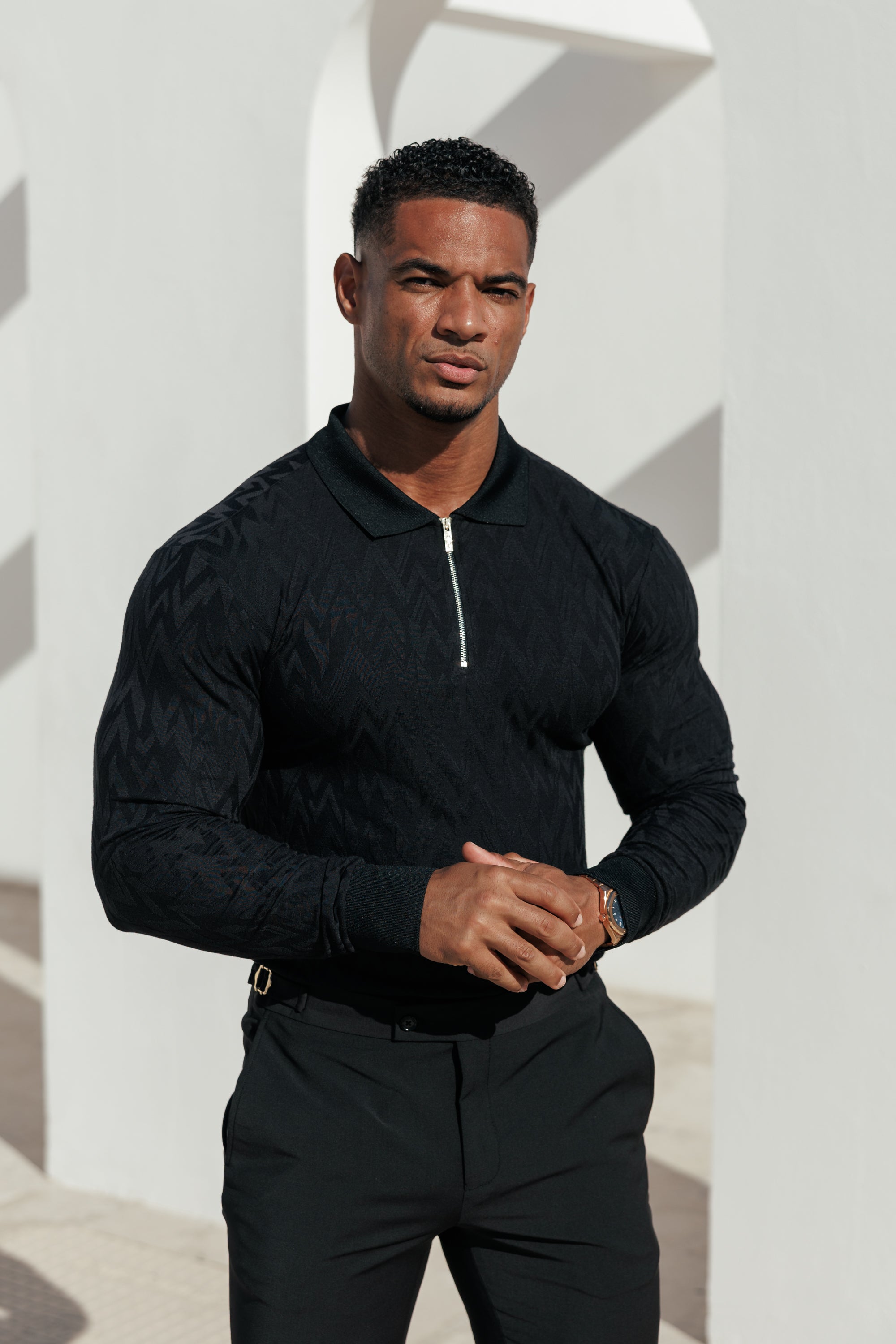 Classic Jacquard Black Chevron Zipped Polo Long Sleeve - FSR043