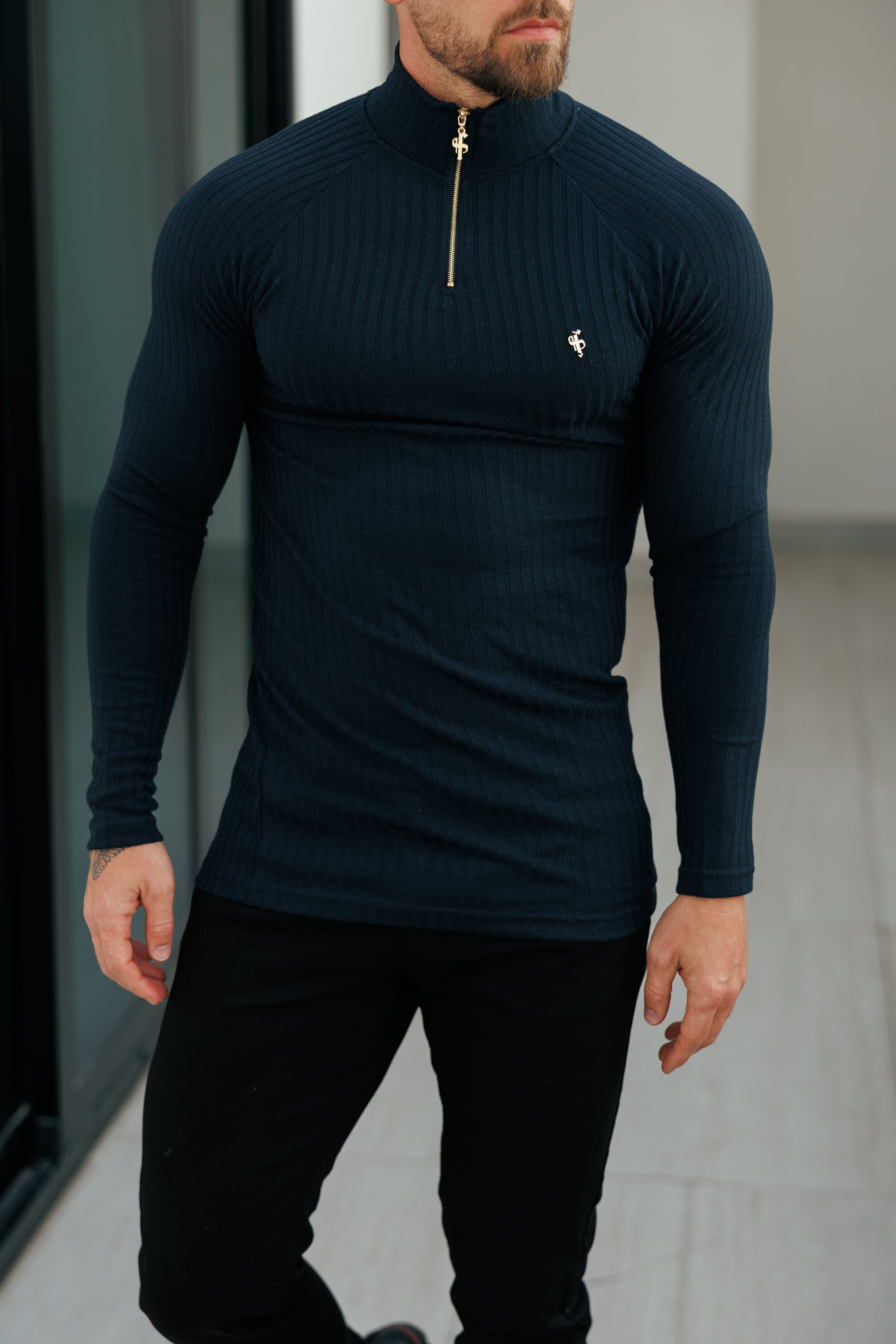 Super Slim Navy Ribbed Zip Funnel Neck Raglan Long Sleeve Crew - FSH1296
