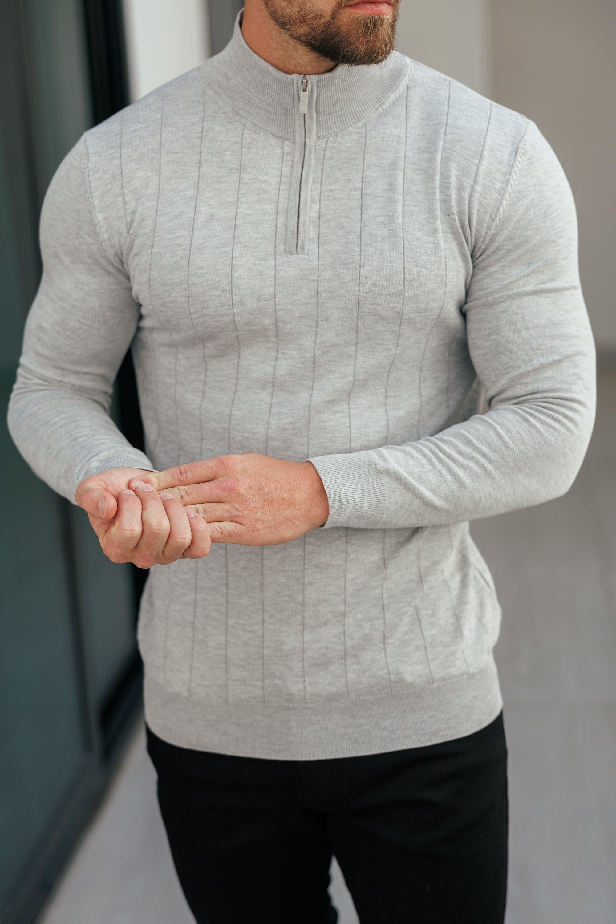 Self Stripe 1/4 Zip Funnel Neck Knit Jumper Silver Grey Long Sleeve  -  FSR051