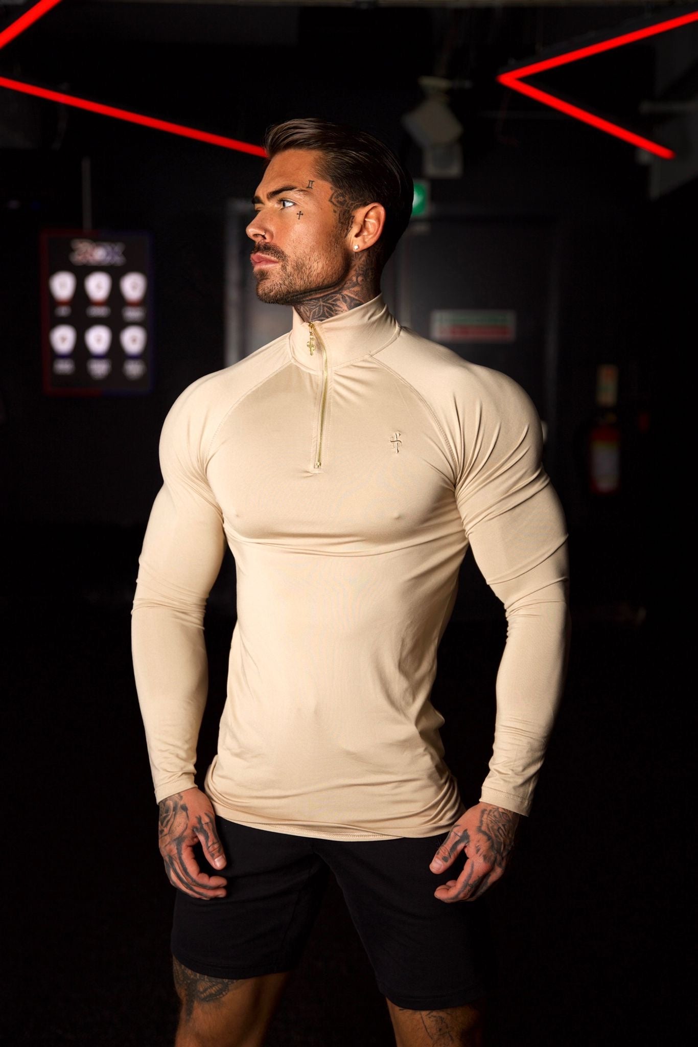 Long Sleeve Beige / Gold Half Zip Gym Top - FSH892