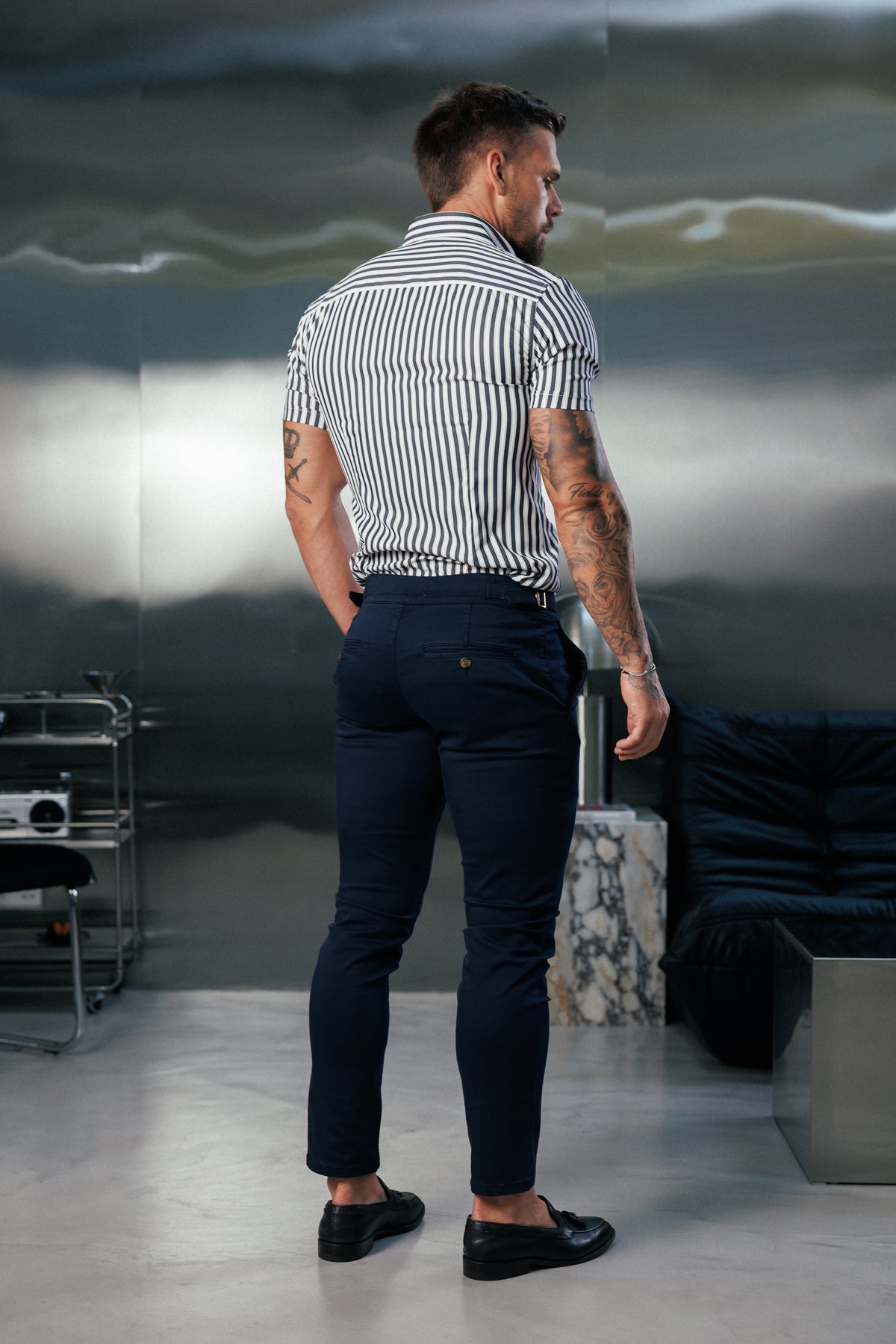 Super Slim Stretch Sateen Touch White / Navy Double Stripe Short Sleeve  -  FS1288