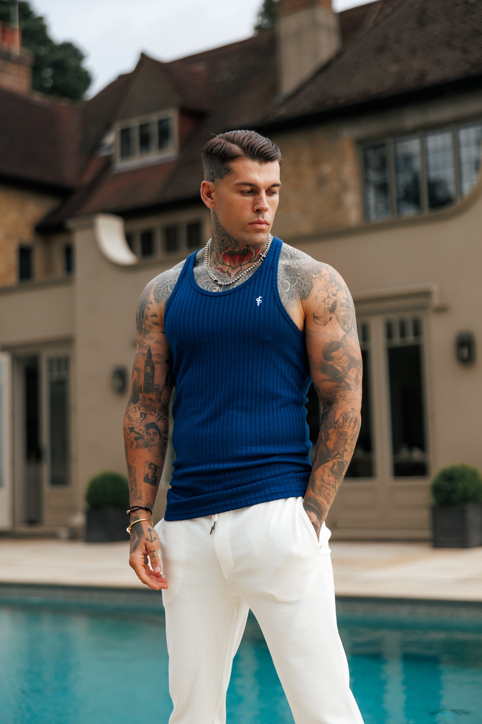 New Navy / White Ribbed Knit Super Slim Vest - FSH1328