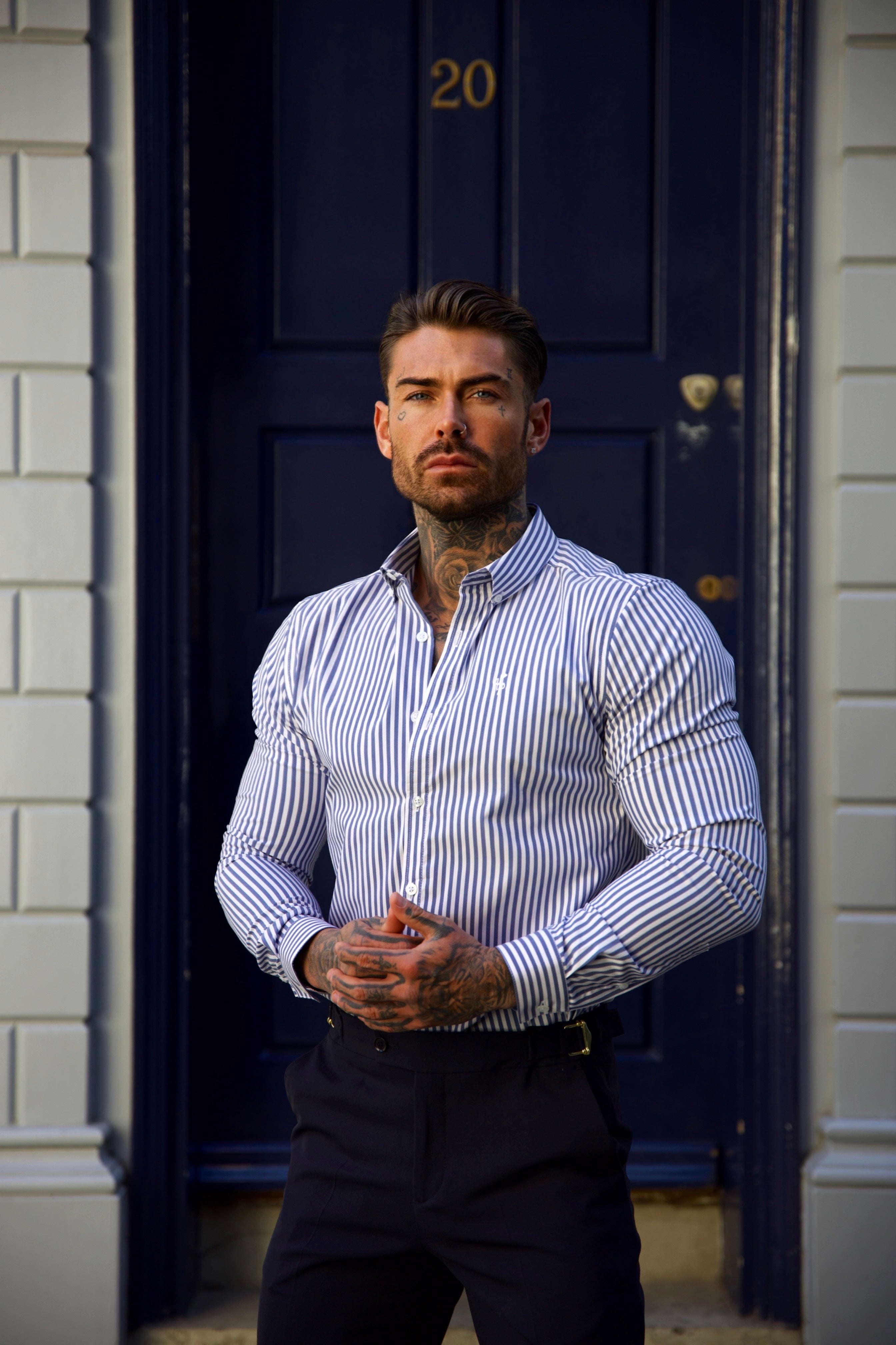 Classic Navy and White Single Woven Stripe Long Sleeve - FS981