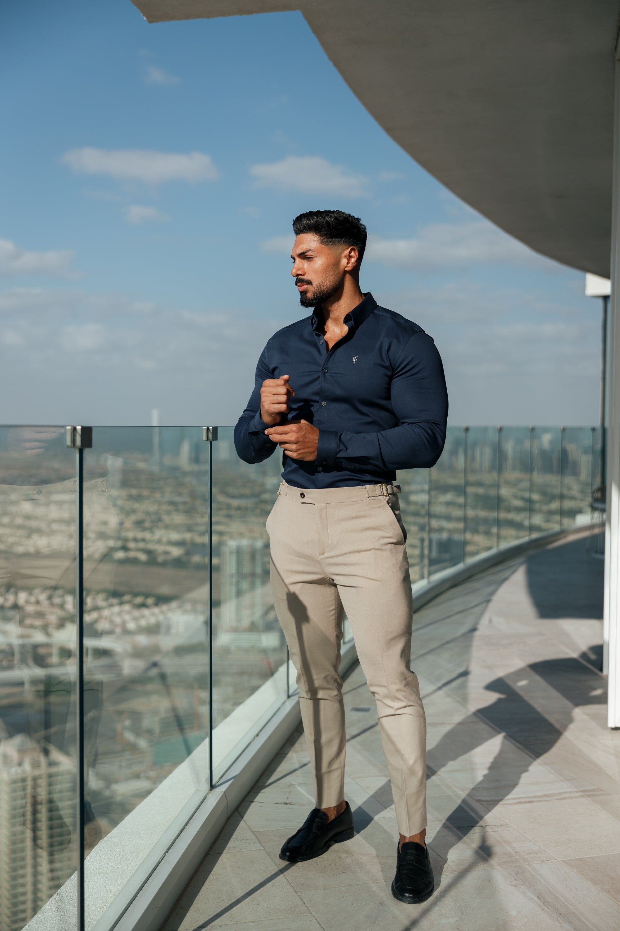 Super Slim Stretch New Navy Denim Long Sleeve With Button Down Collar - FS1018