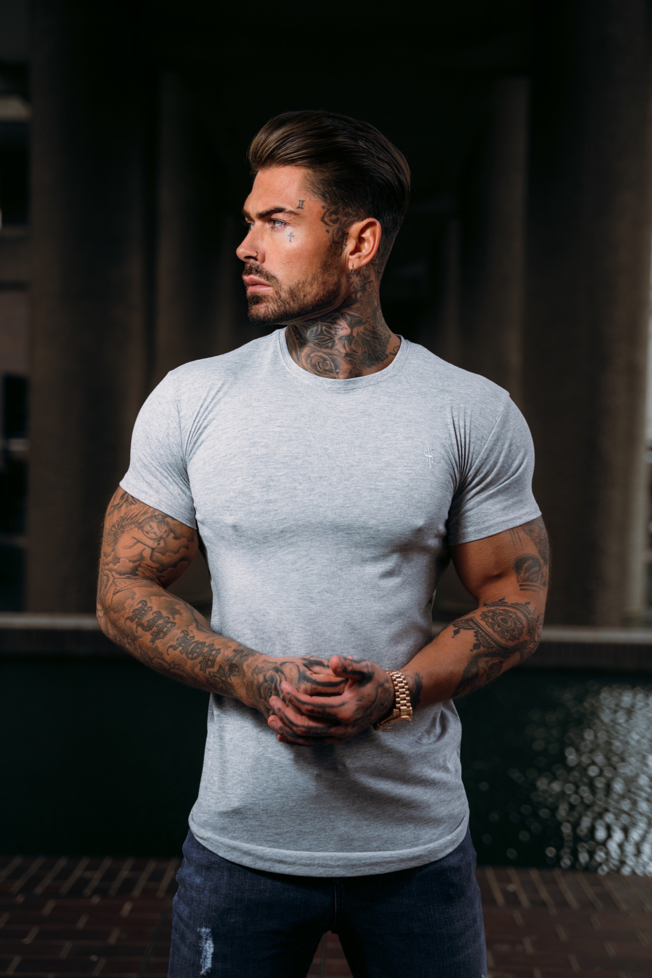 Classic Grey Tonal Curved Hem Crew T Shirt - FSH927