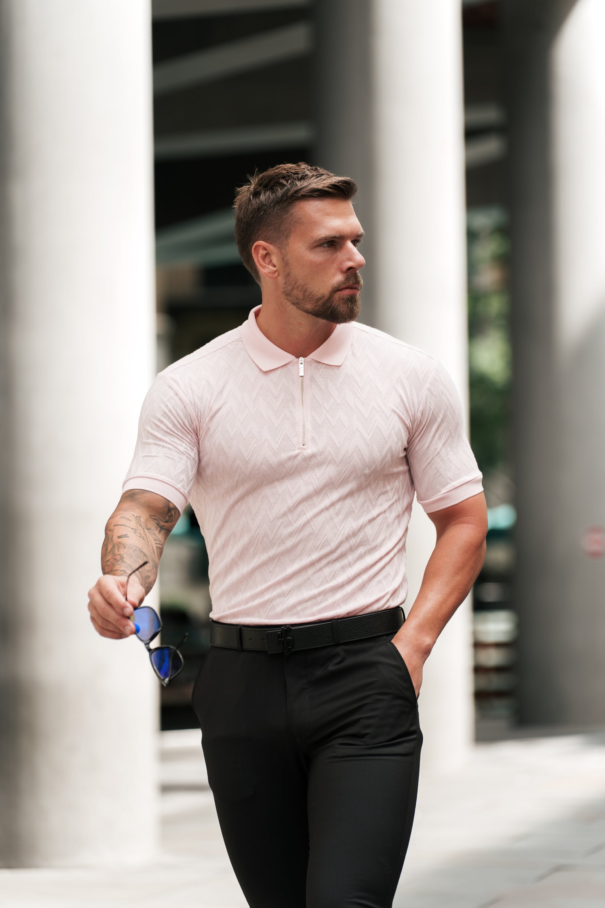 Classic Jacquard Pink Chevron Zipped Polo - FSR022