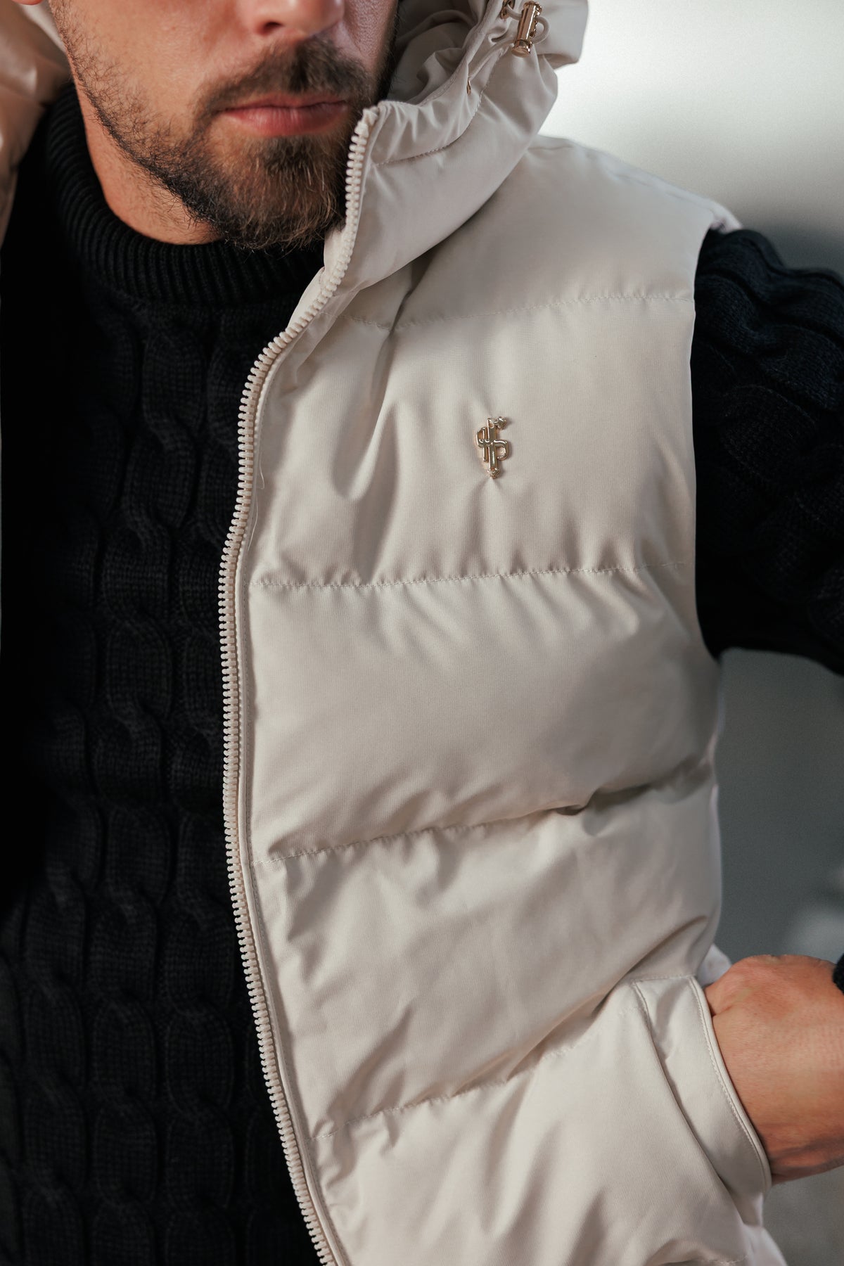 Light Beige Padded Hooded Gilet - FSN243