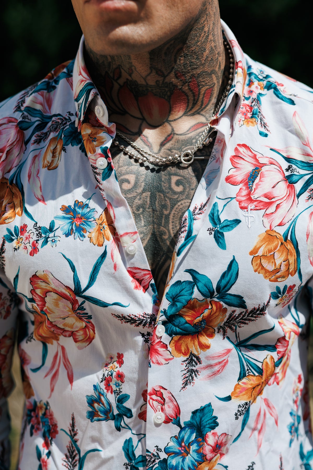 Super Slim Stretch White Vibrant Floral Print Long Sleeve with Button Down Collar - FS1276