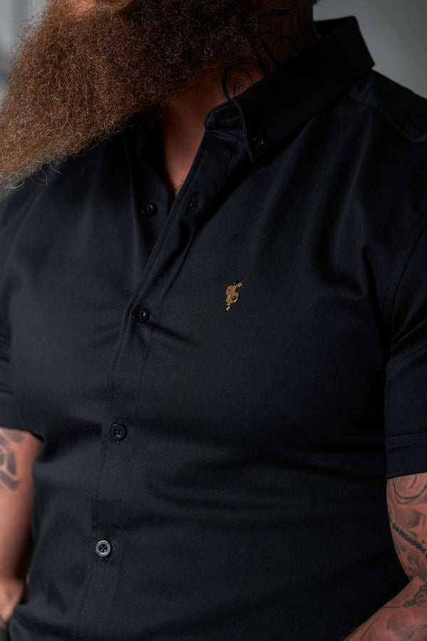 Father Sons Super Slim Stretch Black Denim Short Sleeve with Gold Metal Decal and Button Down Collar - FS1041