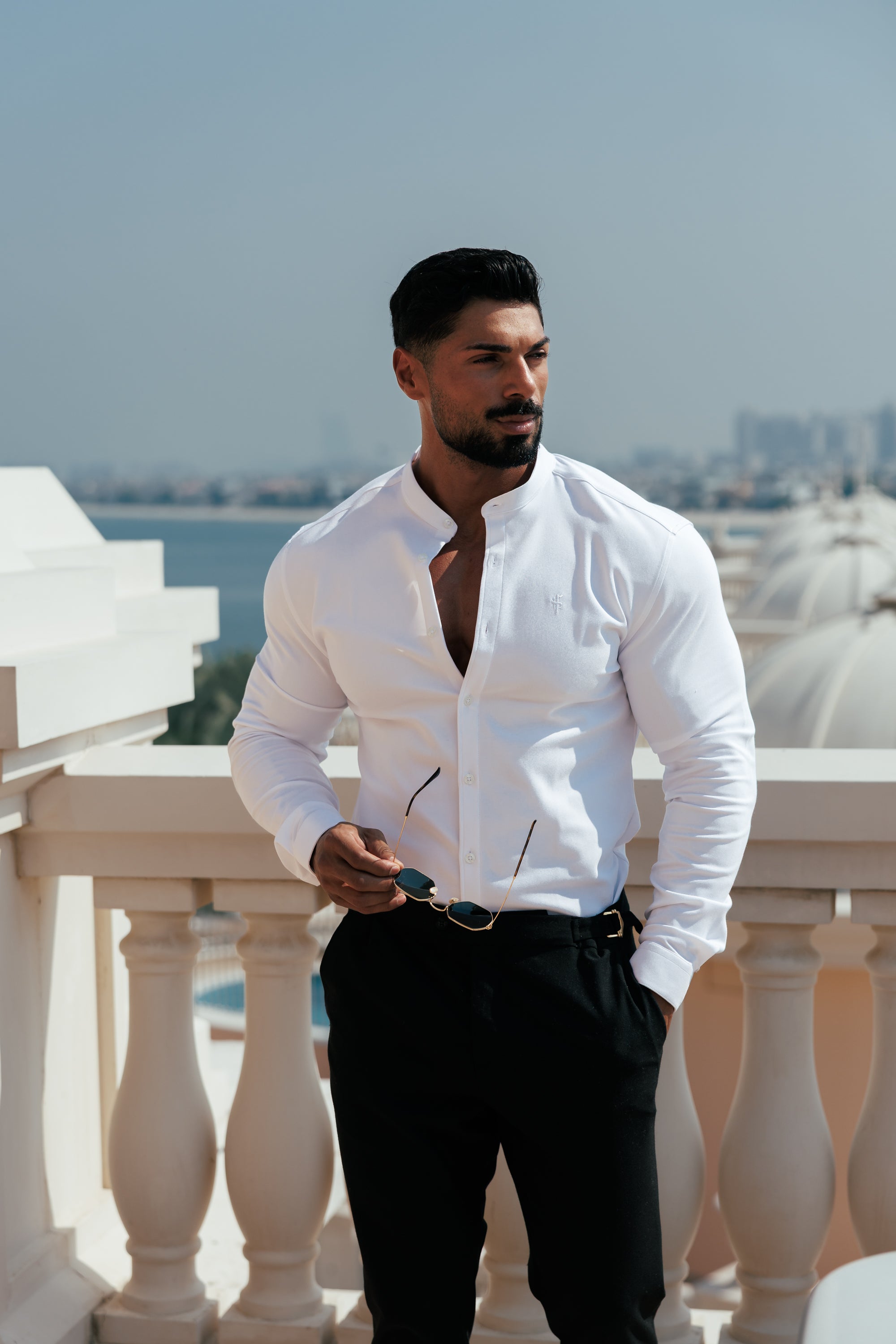 Super Slim Scuba White Long Sleeve Stretch with Grandad Collar - FS1170