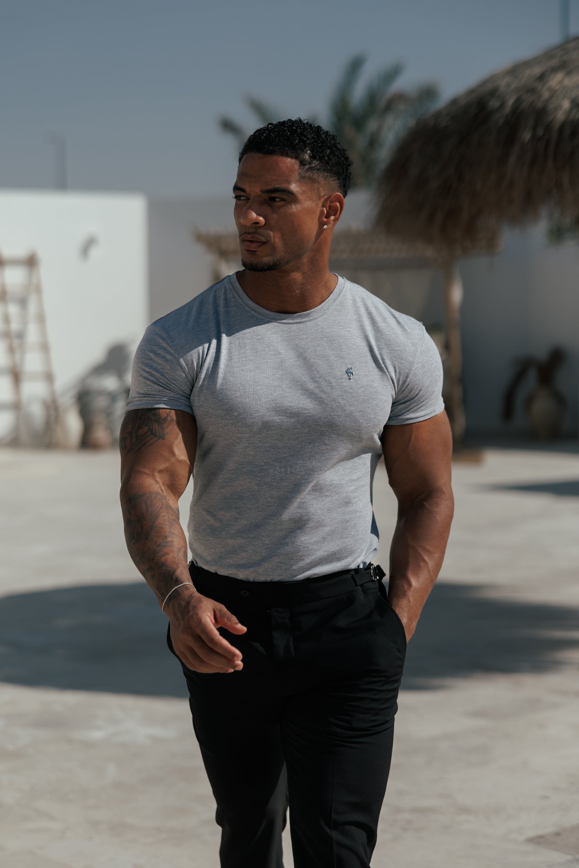 Light Grey Crew Neck Tshirt with Silver Metal Emblem Decal - FSH1452