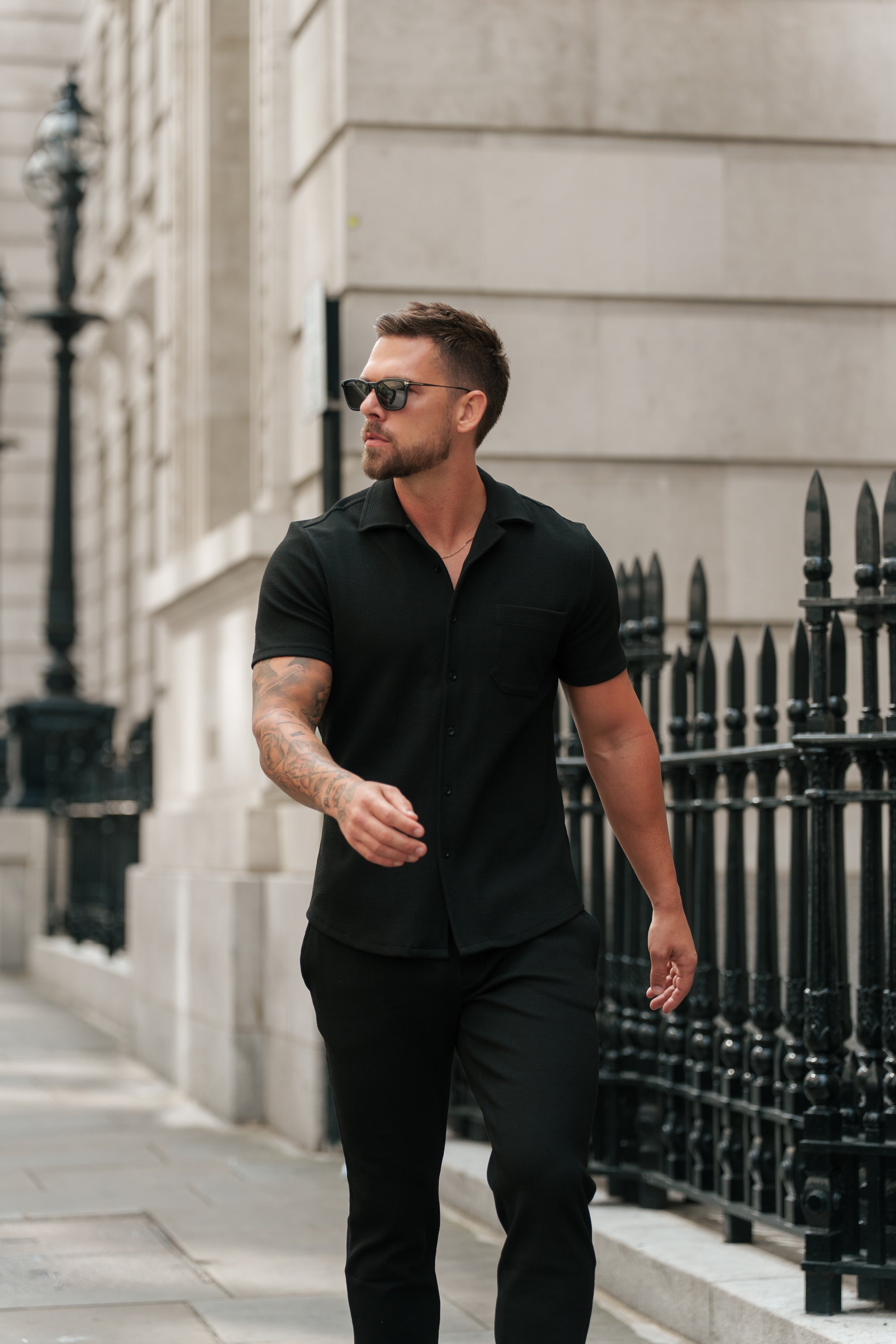 Jersey Cord Stretch Black Revere Shirt Short Sleeve - FSR018