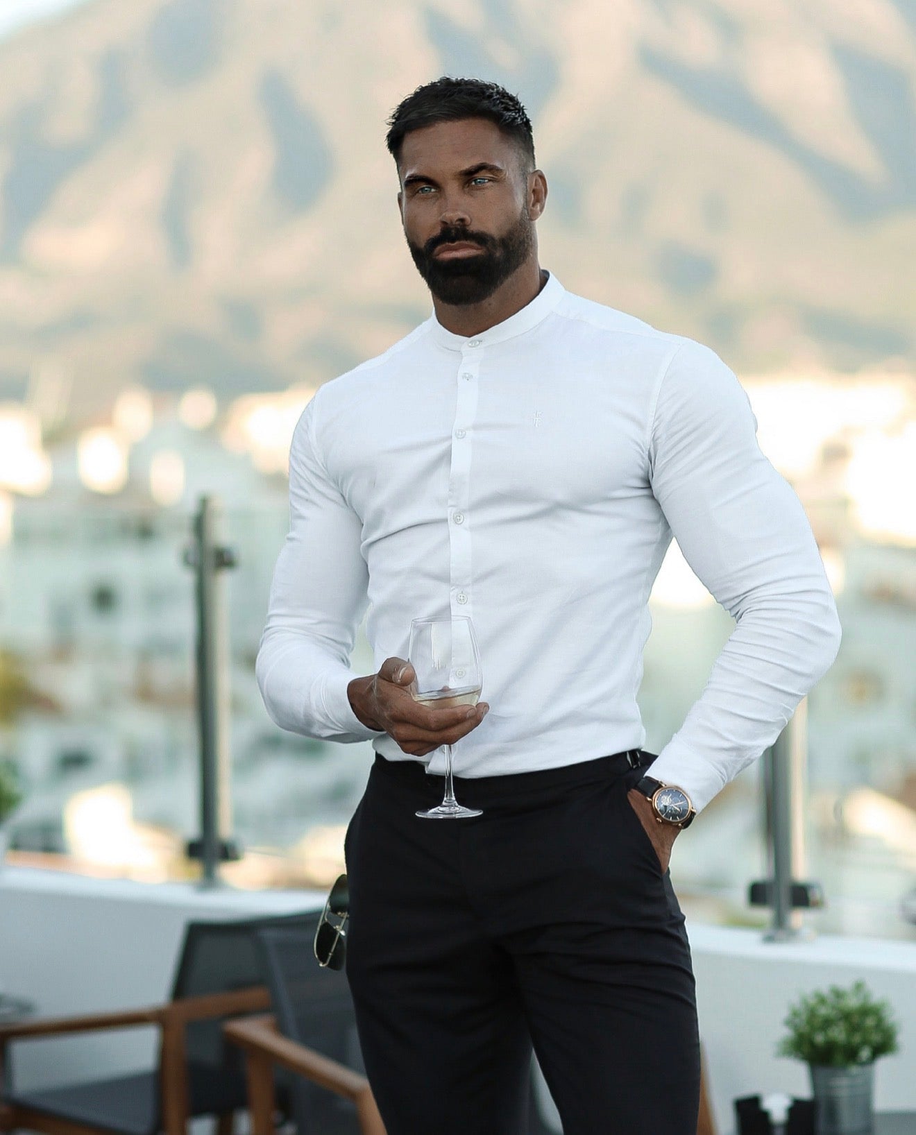Athena Muscle Fit Advanced Stretch White Grandad Collar Shirt  - FS1253