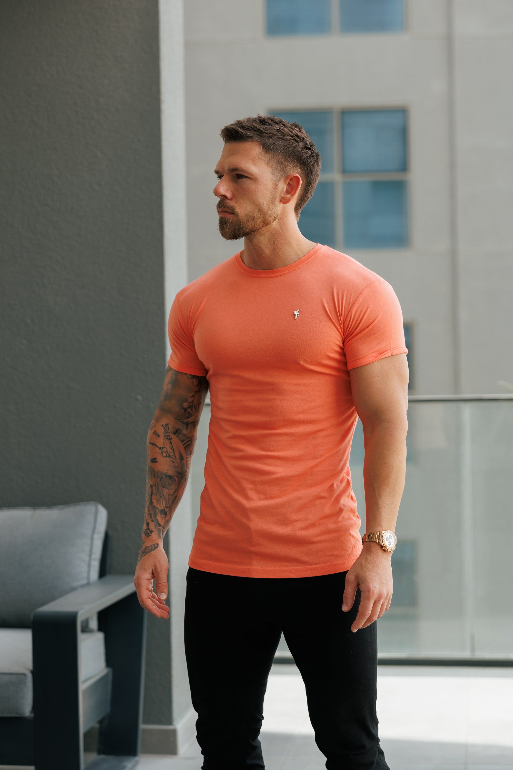 Salmon / Silver Bamboo Crew T Shirt - FSH1216