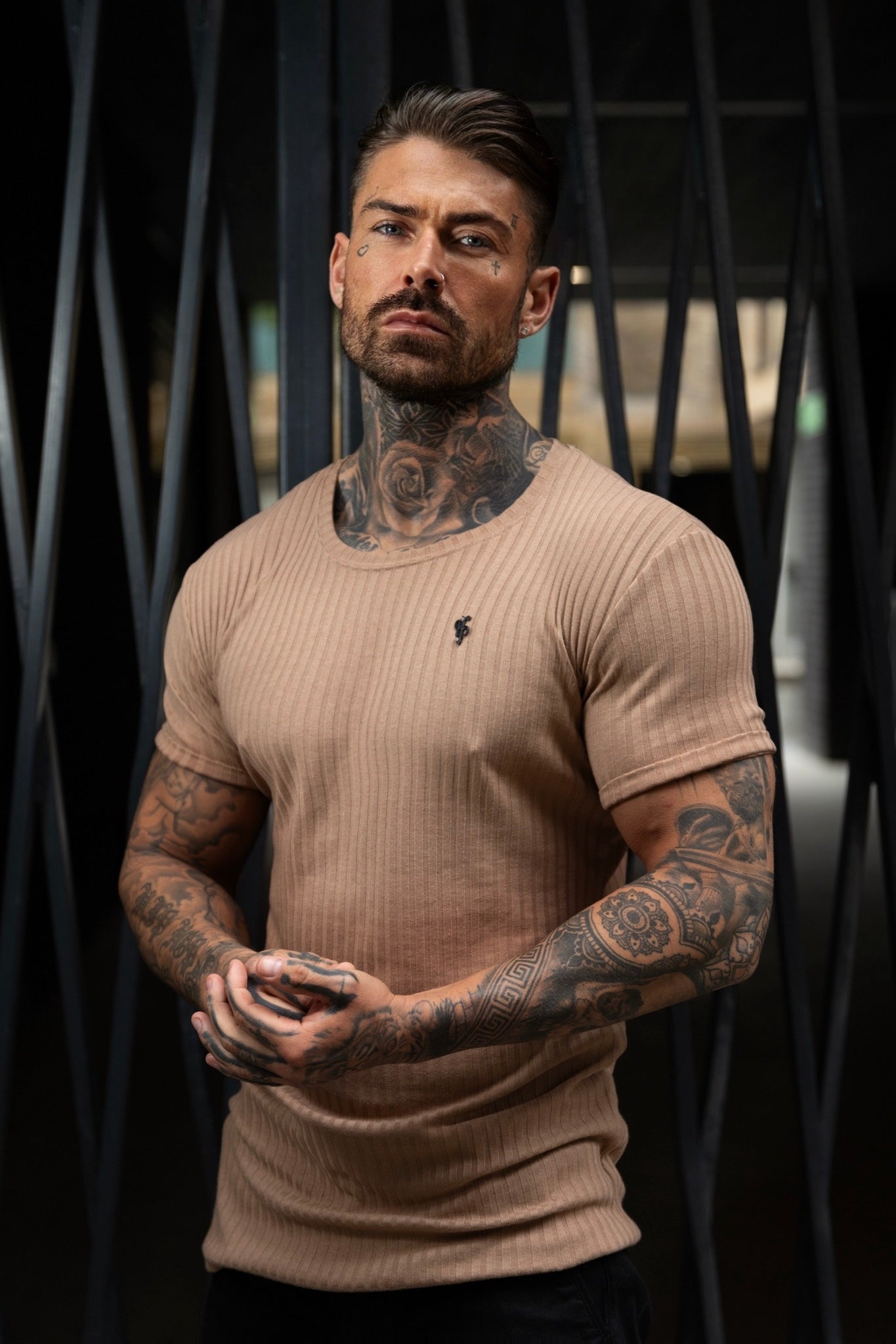 Classic Coffee / Black Ribbed Knit Super Slim Short Sleeve Crew T-Shirt - FSH1090