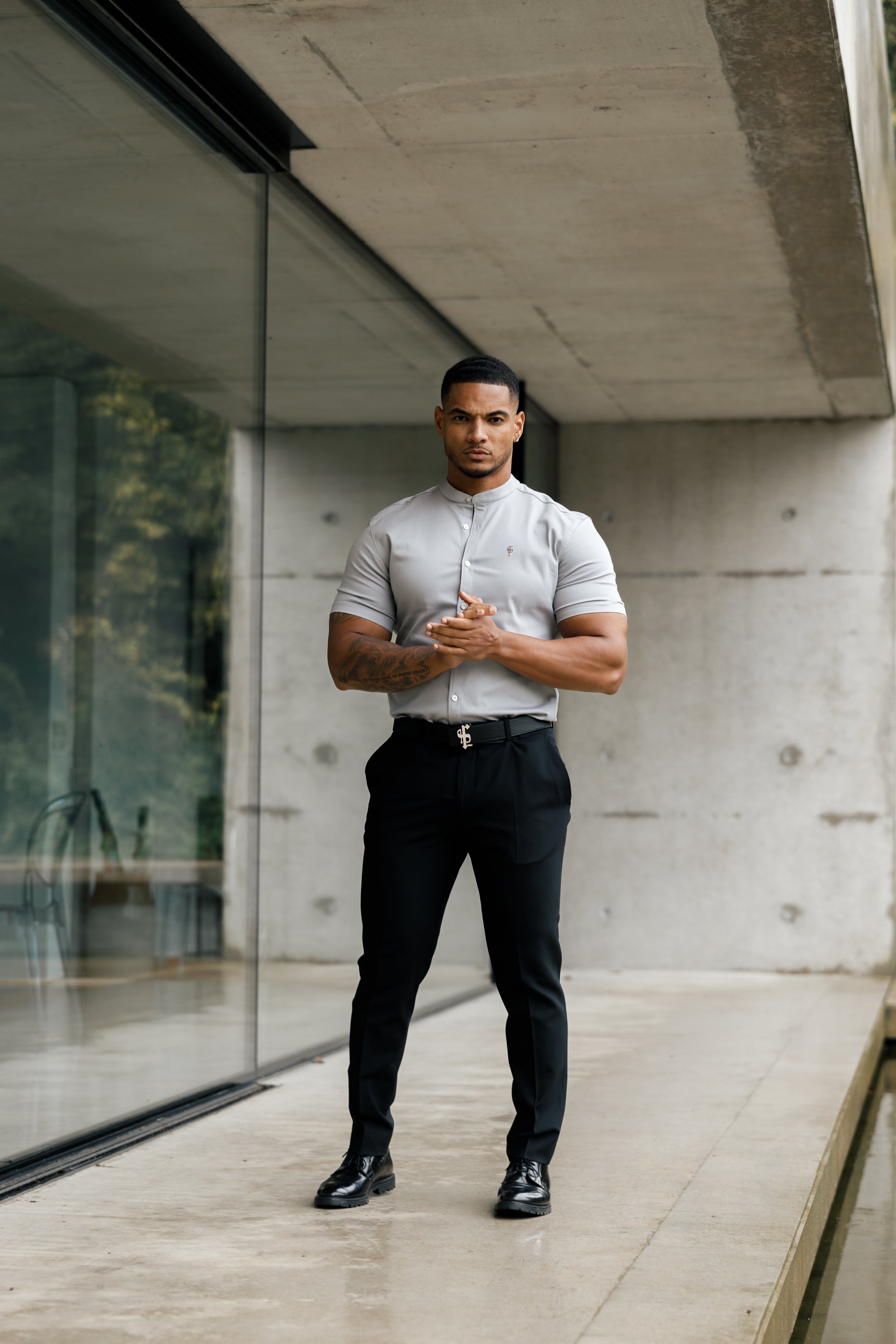 Super Slim Stretch Grey Denim Short Sleeve With Grandad Collar and Silver Metal Buttons and Decal  - FS963