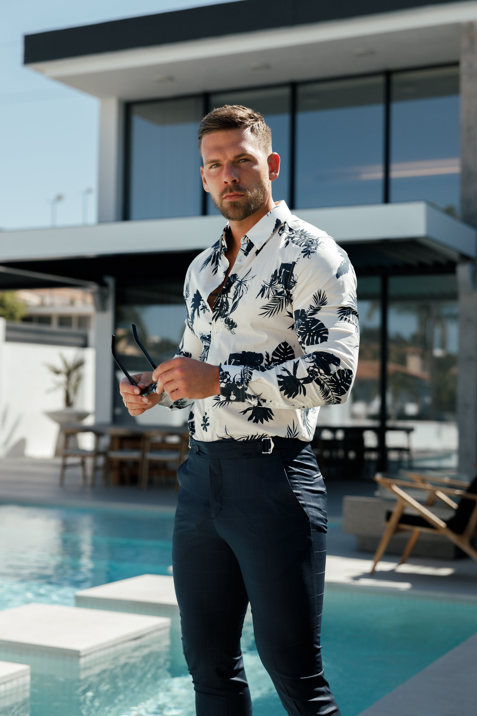 Father Sons Slim Formal Navy Self Check Stretch Pants with Side Adjusters - FST030