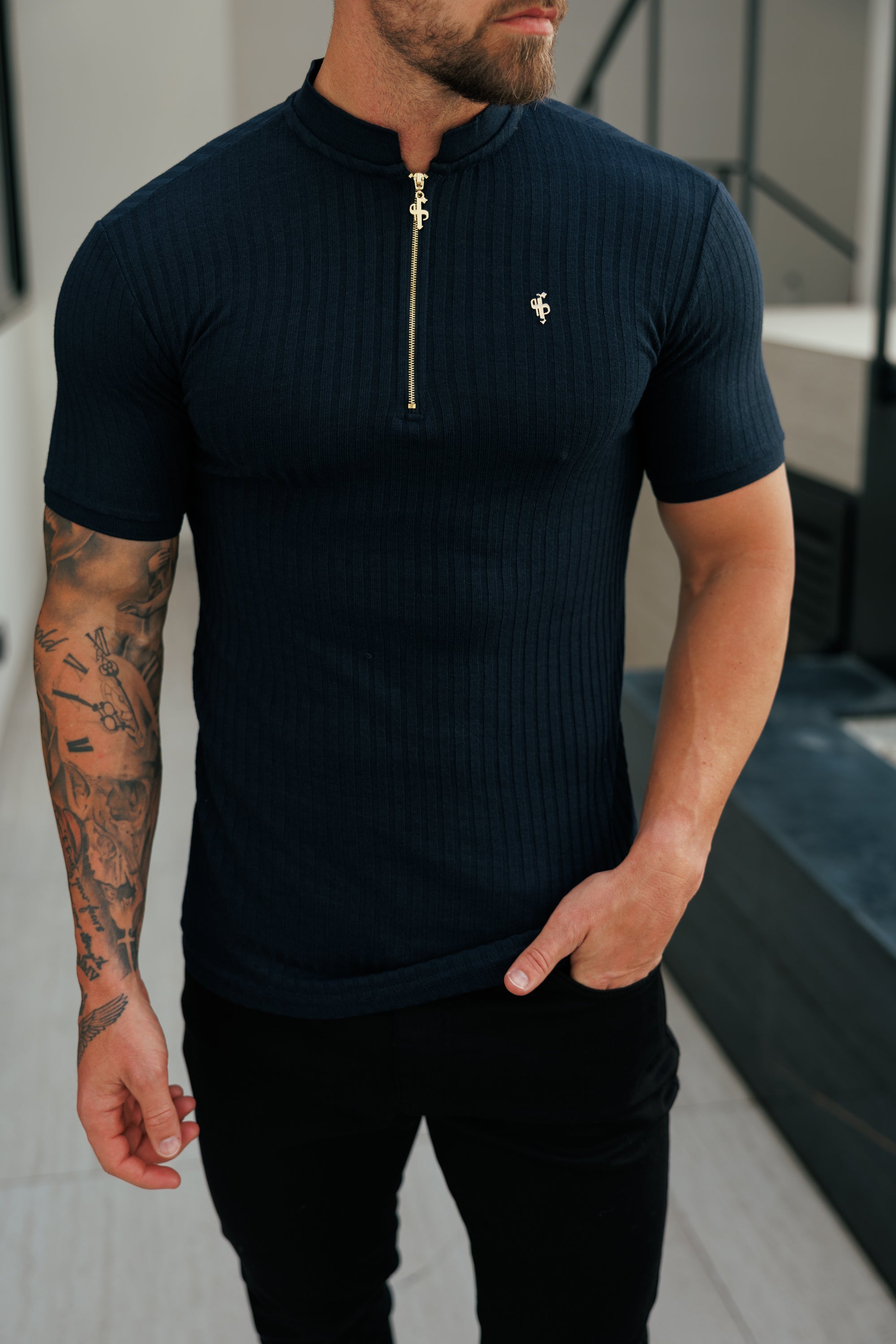 Classic Navy Ribbed Zip Grandad Collar Shirt Short Sleeve - FSH773