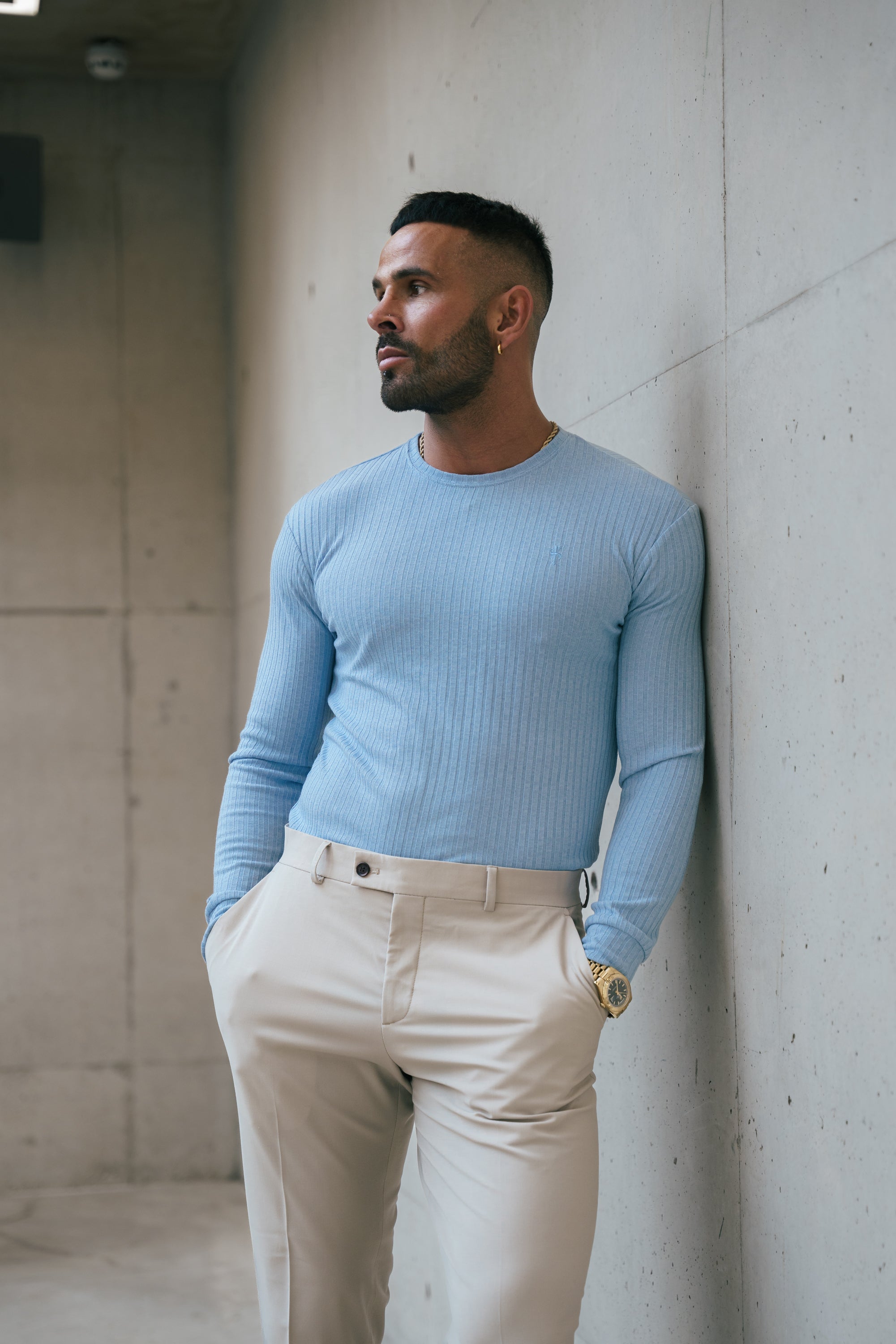 Father Sons Classic Light Blue Ribbed Knit Jumper With Tonal Embroidery -  FSH1286
