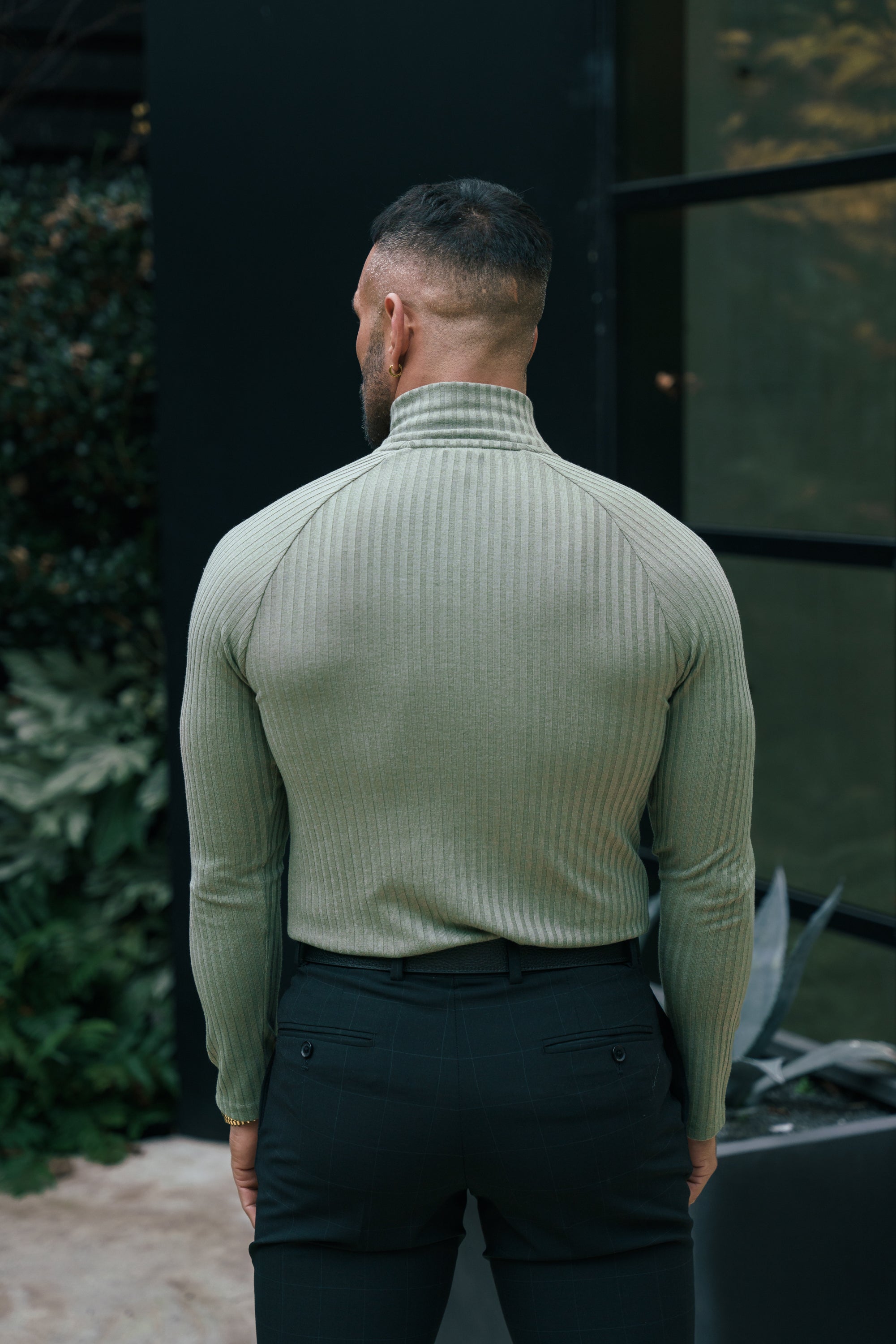 Classic Olive Ribbed Zip Funnel Neck Raglan Long Sleeve Crew - FSH1297