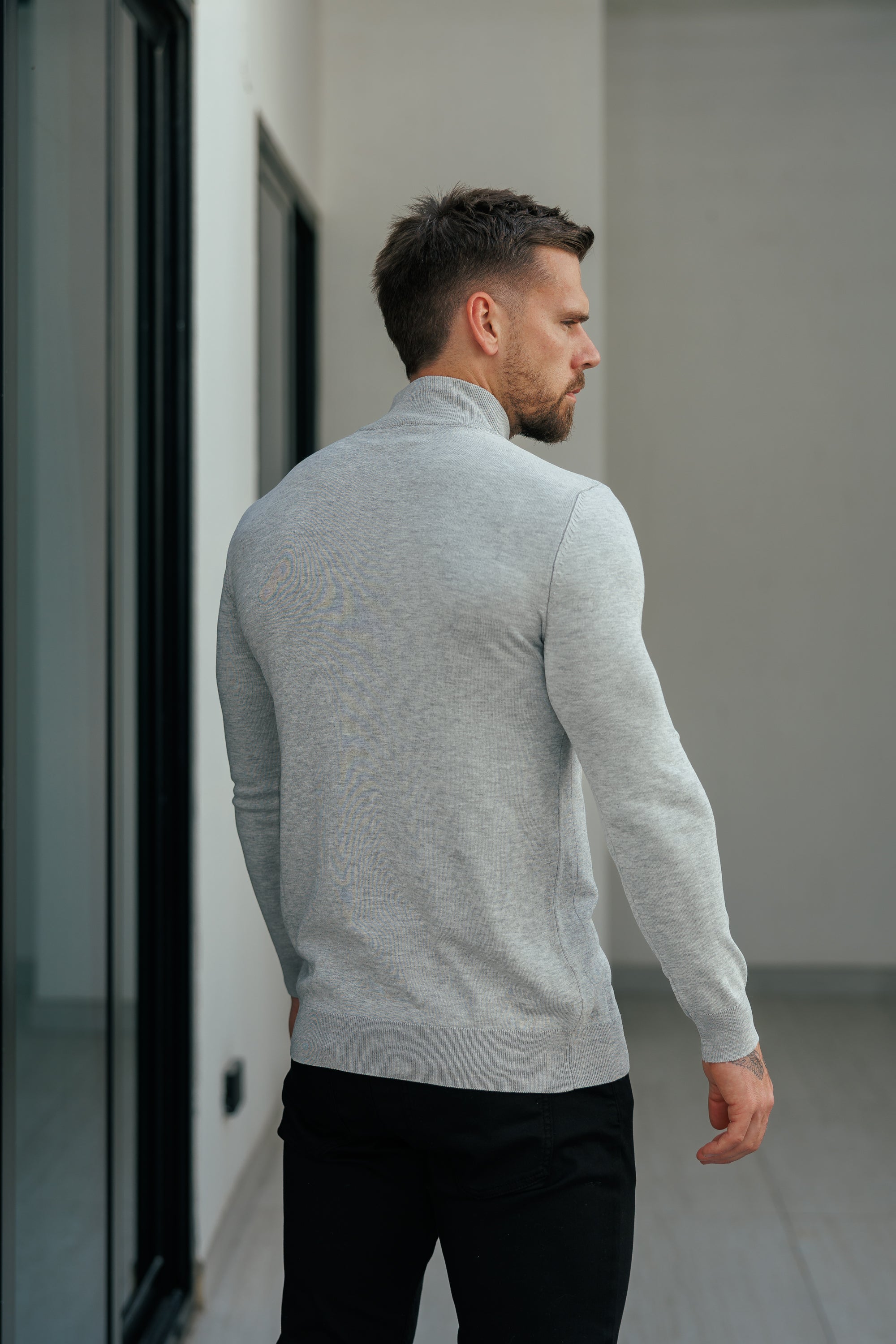 Self Stripe 1/4 Zip Funnel Neck Knit Jumper Silver Grey Long Sleeve  -  FSR051