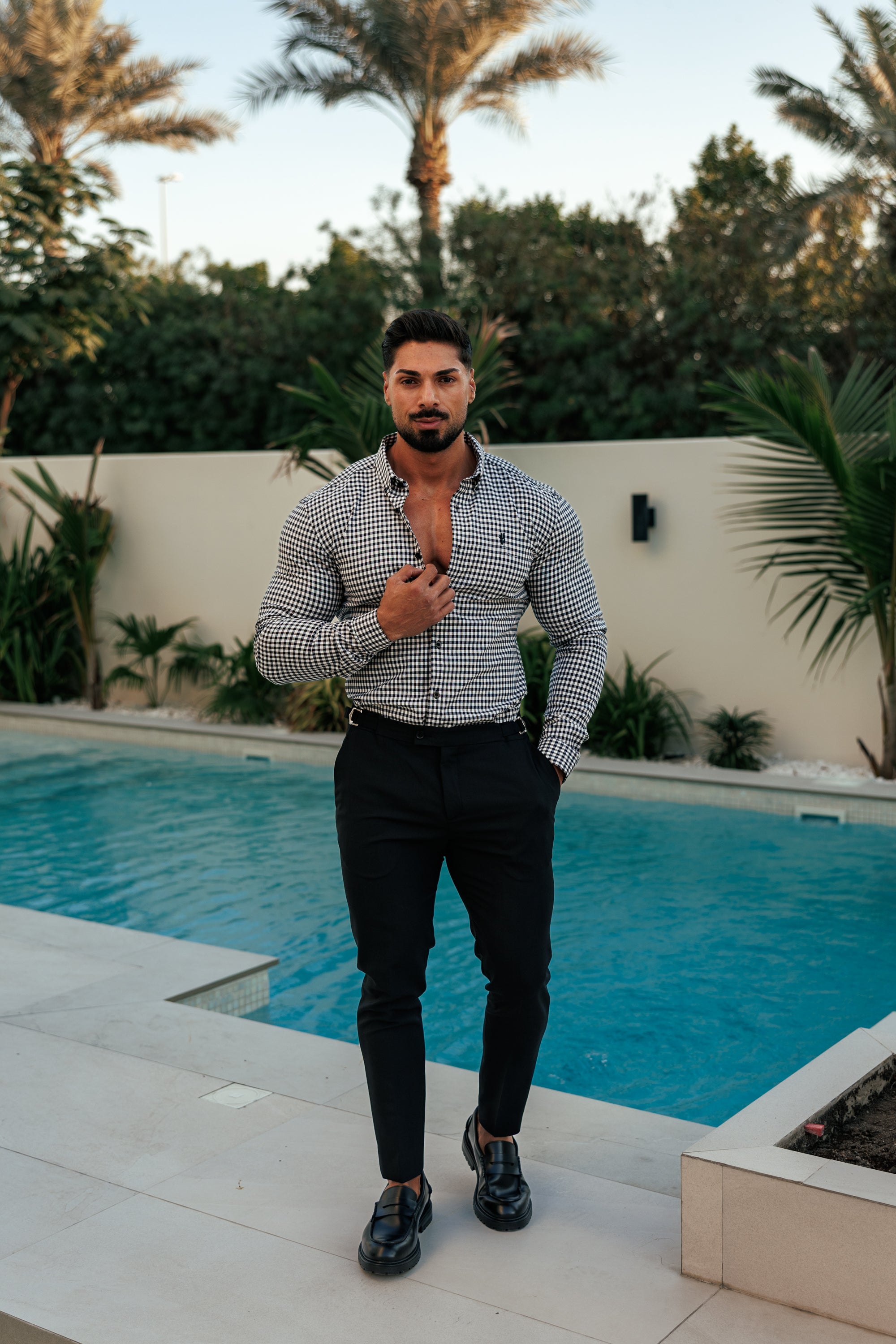 Super Slim Stretch White / Black Check Long Sleeve with Button Down Collar - FS1069