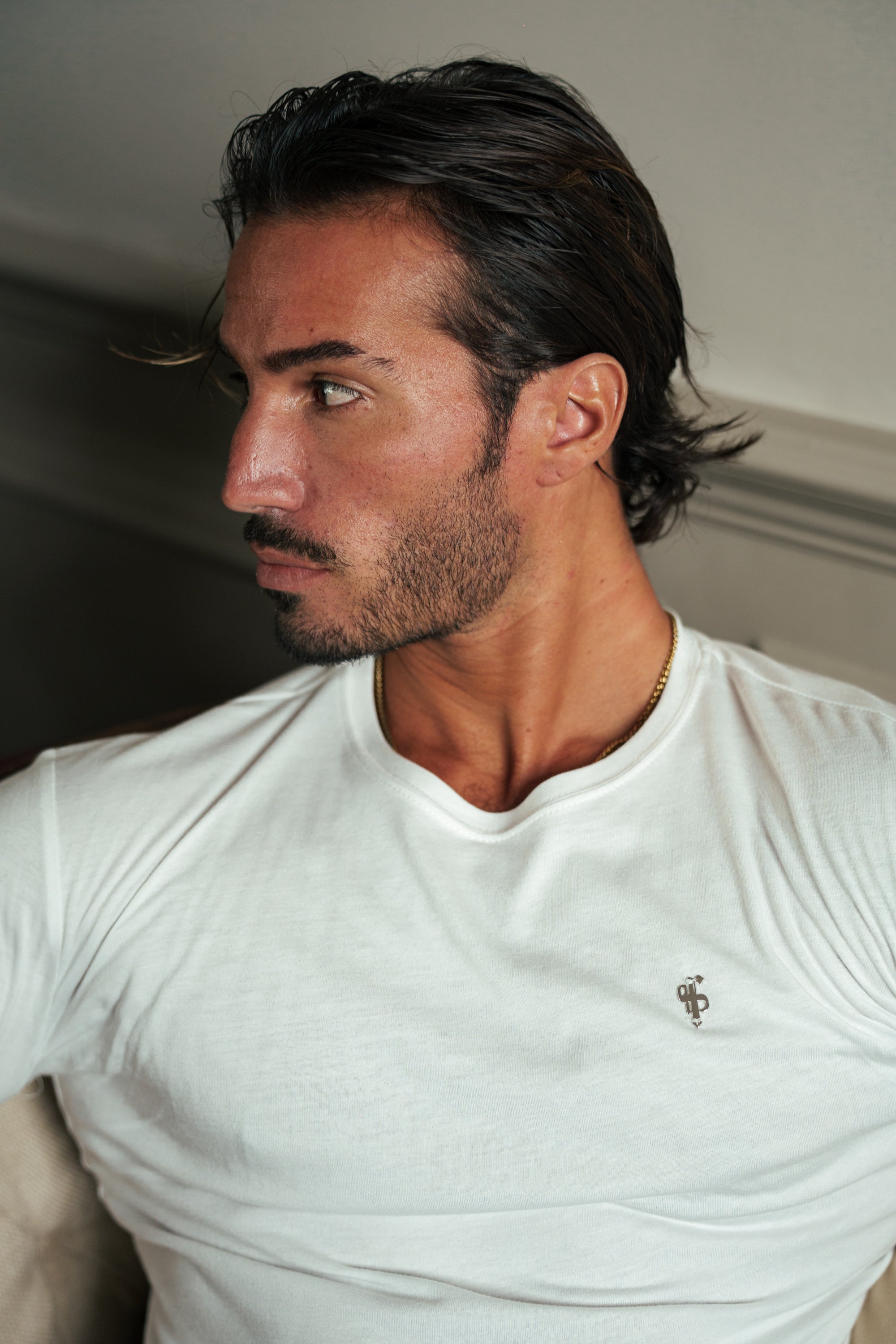 White / Silver Bamboo Crew T-Shirt Long Sleeve - FSH1416