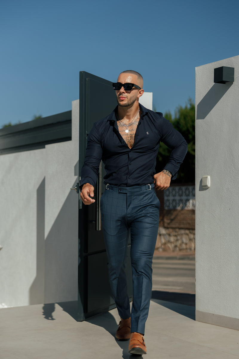 Father Sons Slim Formal Navy Self Check Stretch Pants with Side Adjusters - FST030