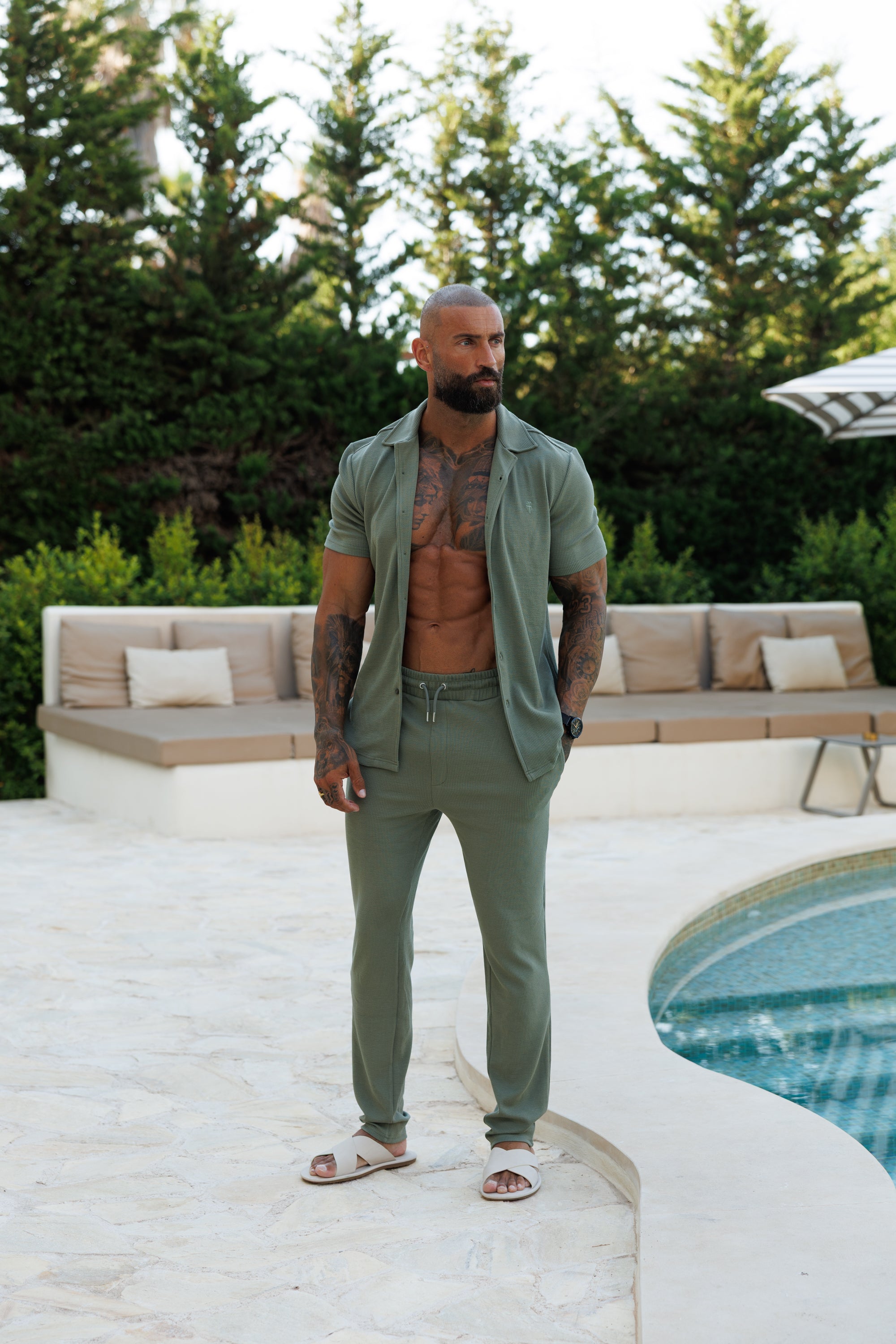 Jersey Cord Stretch Olive Revere Shirt Short Sleeve - FSR072