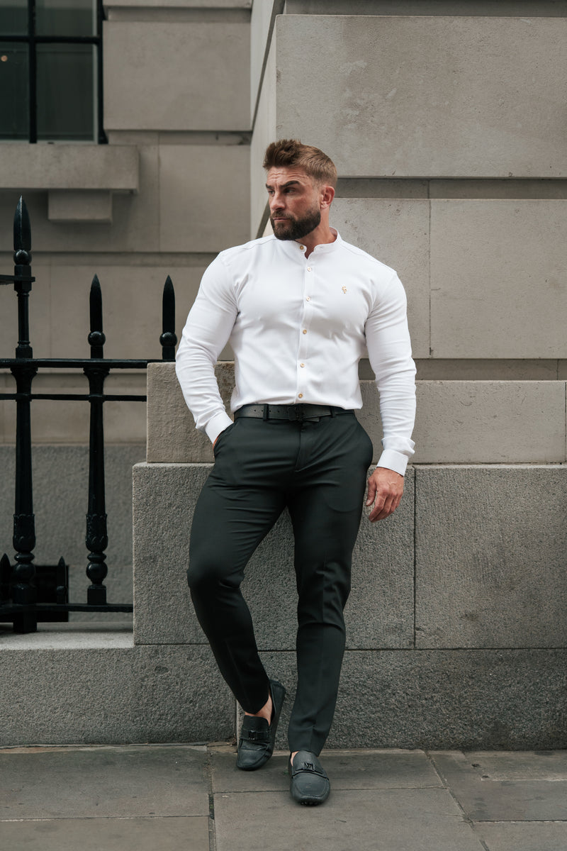 Father Sons Super Slim Scuba White / Gold Long Sleeve Stretch with Grandad Collar - FS1193