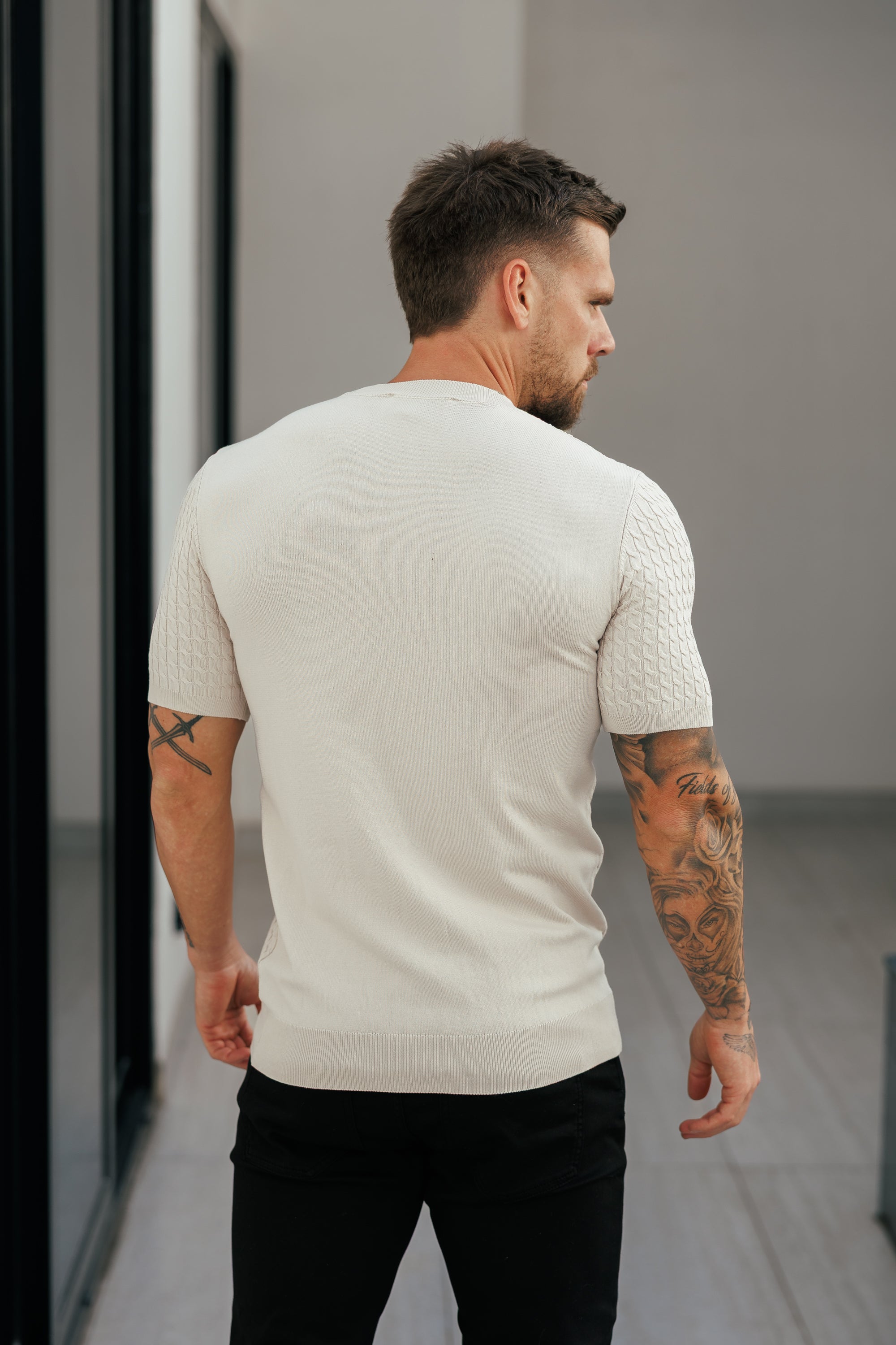 Front Chain Knit Crew Tshirt Cream Short Sleeve  -  FSR057