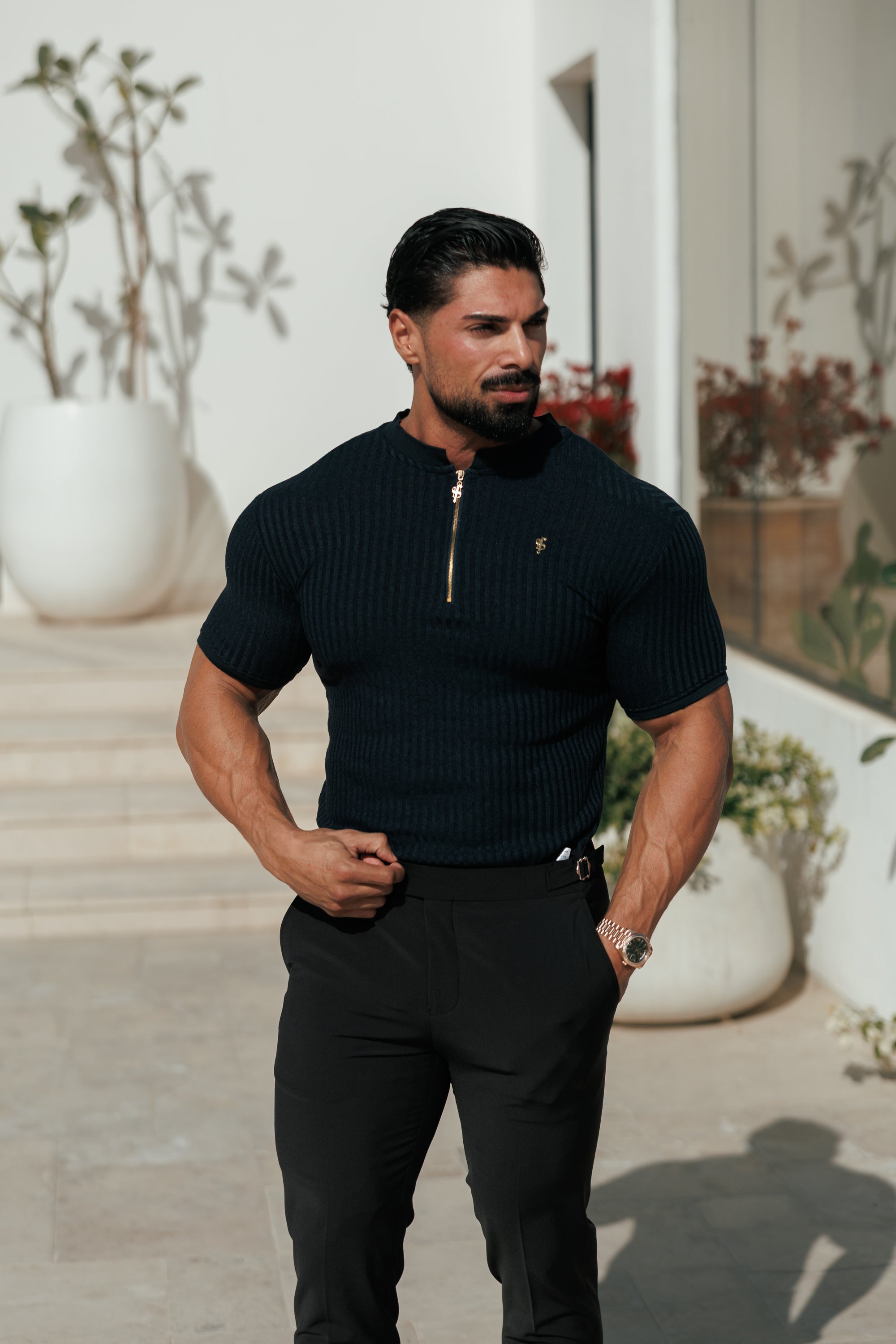 Classic Navy Ribbed Zip Grandad Collar Shirt Short Sleeve - FSH773