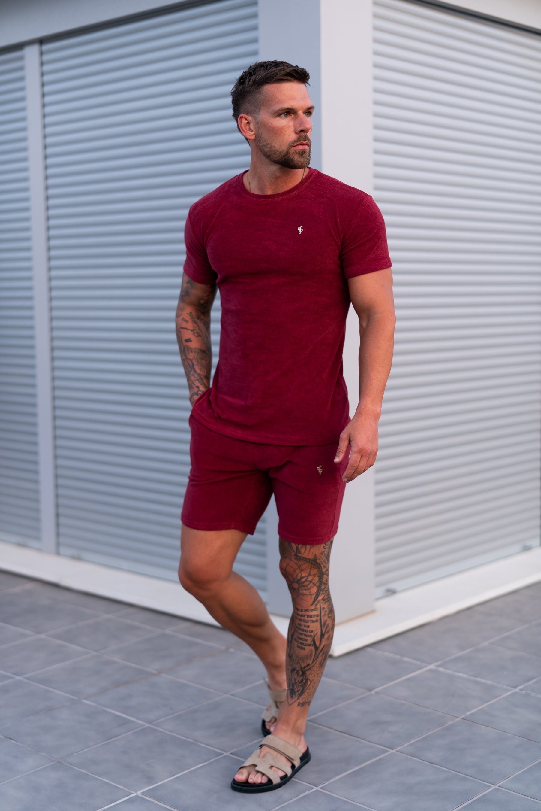 Burgundy / Gold Towelling Crew T Shirt - FSH1349