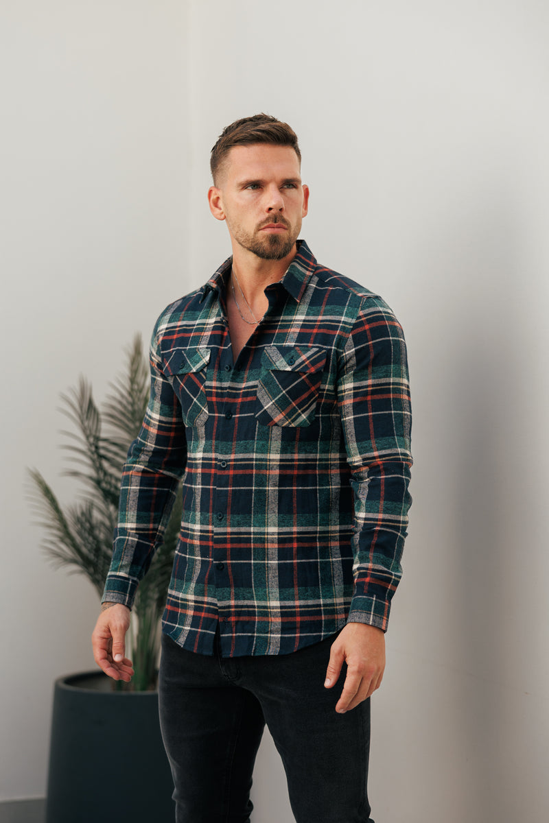 Father Sons Navy / Green / Rust Check Shacket With Double Pockets - FS1198