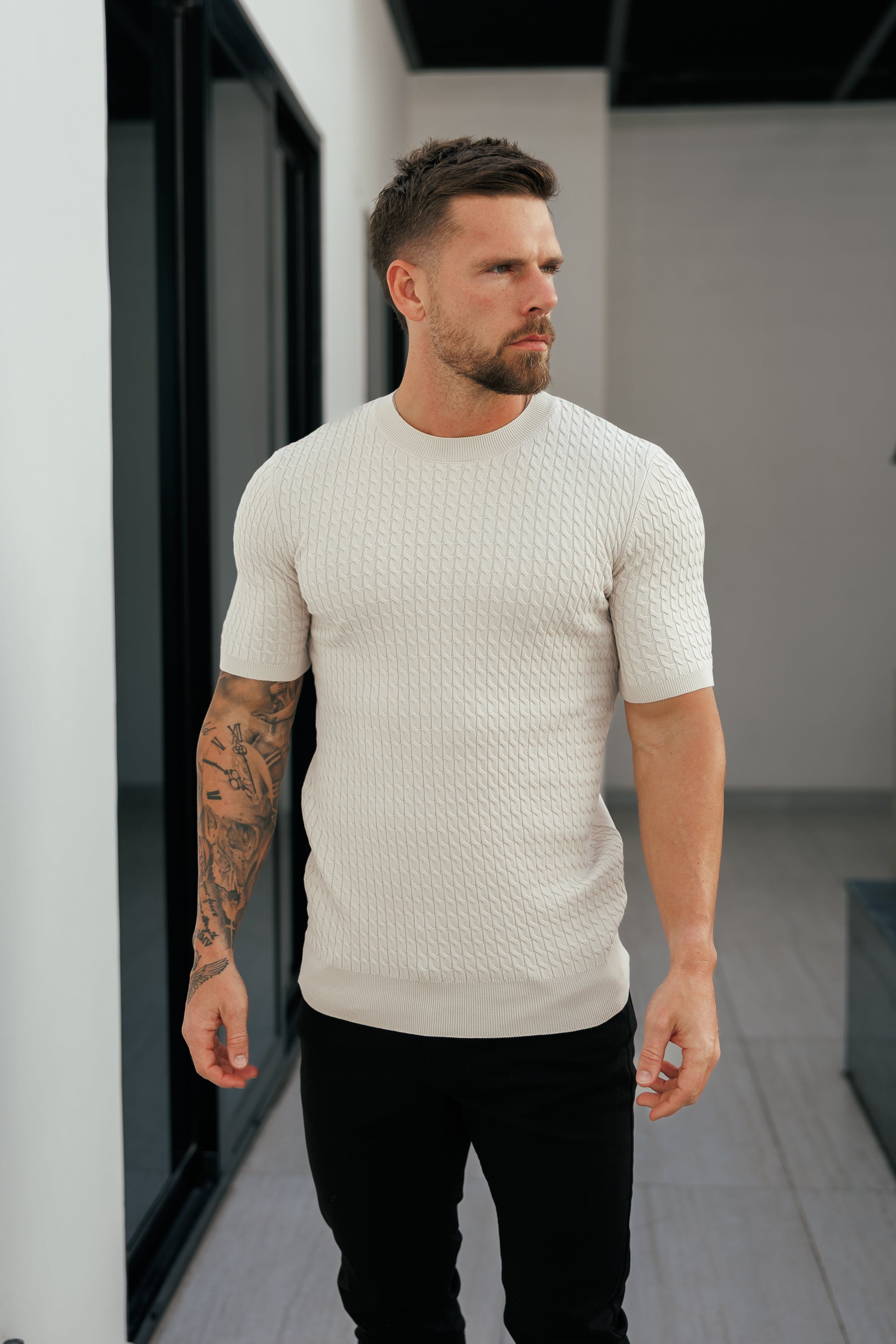 Front Chain Knit Crew Tshirt Cream Short Sleeve  -  FSR057
